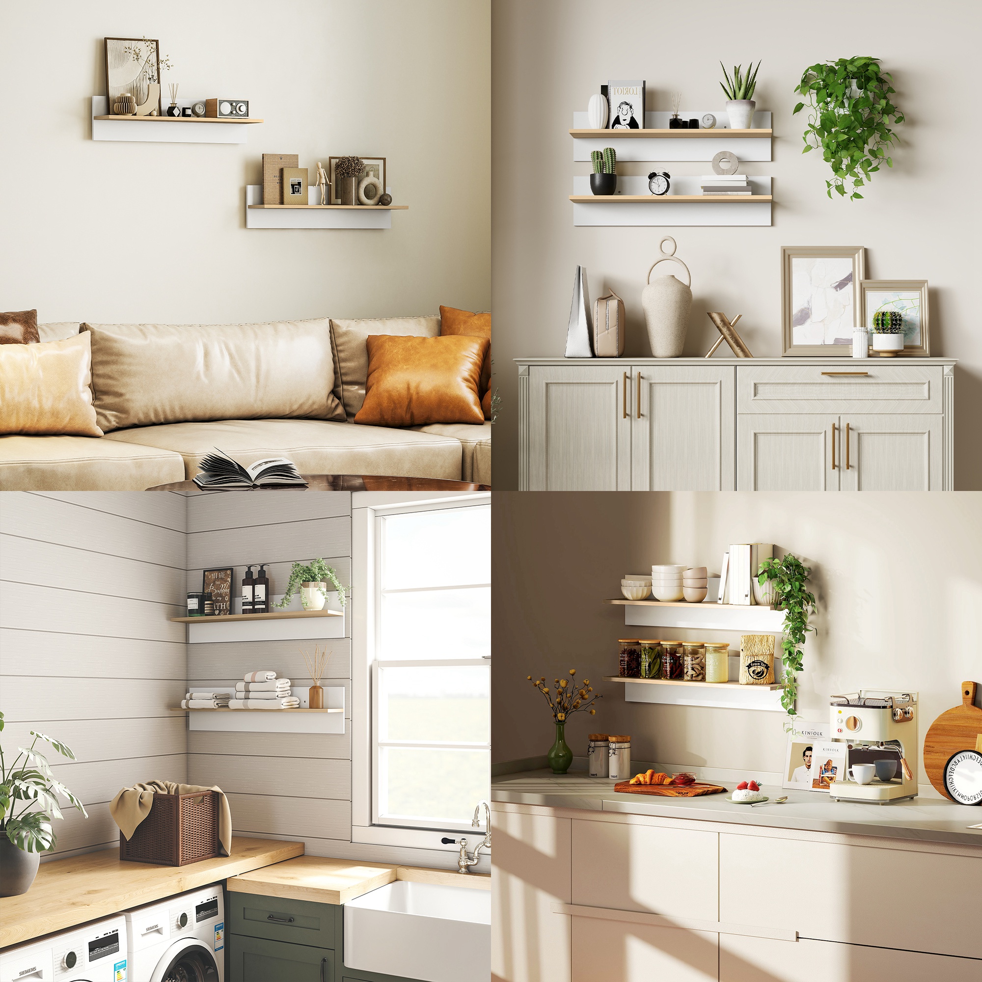  Set 2 Rafturi de Perete pentru Casa si Birou, Rafturi din Lemn pentru Bucatarie si Living, 80x16.5x20 cm, Alb si Lemn Natural [5]