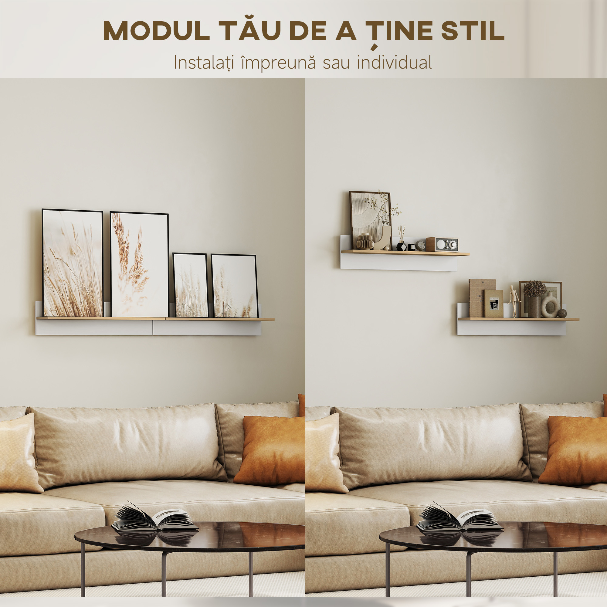  Set 2 Rafturi de Perete pentru Casa si Birou, Rafturi din Lemn pentru Bucatarie si Living, 80x16.5x20 cm, Alb si Lemn Natural [3]