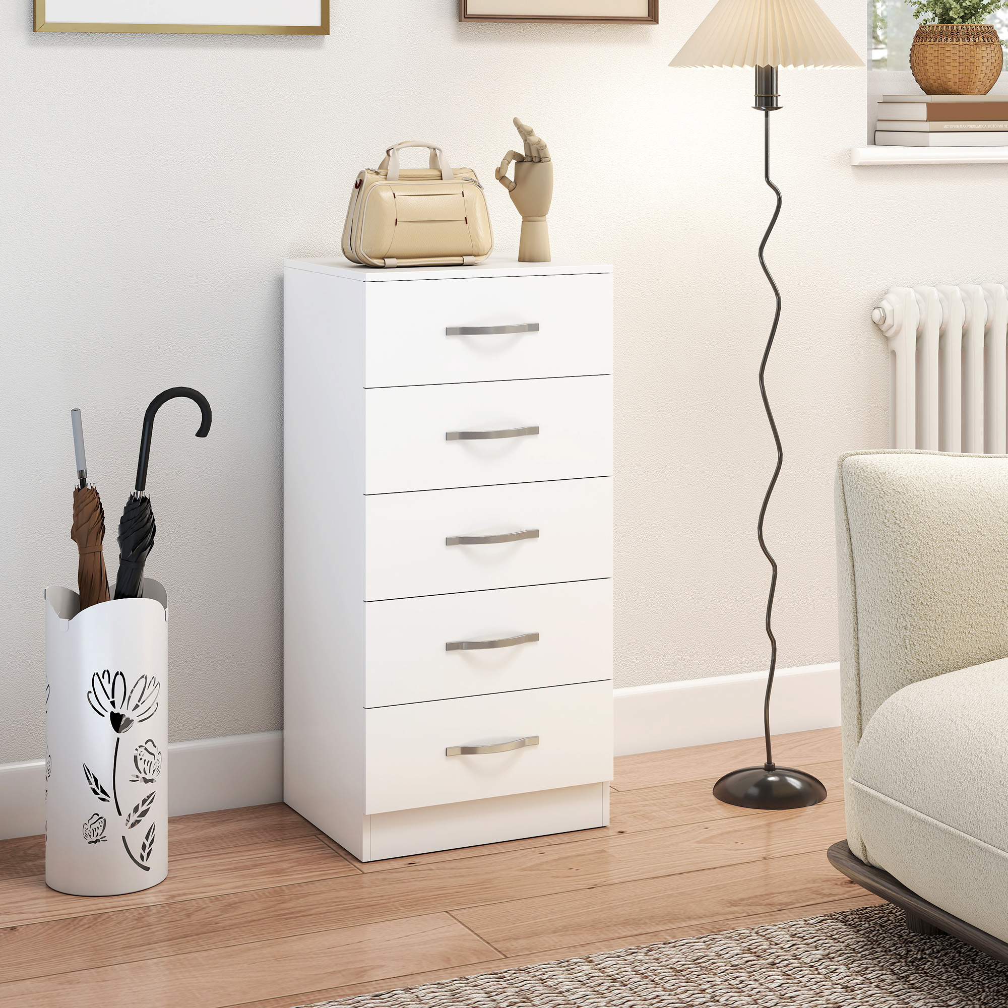  Comoda cu 5 Sertare, Design Modern, Slim, cu Manere Argintii, Ideala pentru Dormitor, Camera, Hol sau Living, Dimensiuni 40x35x85 cm, Alb [1]