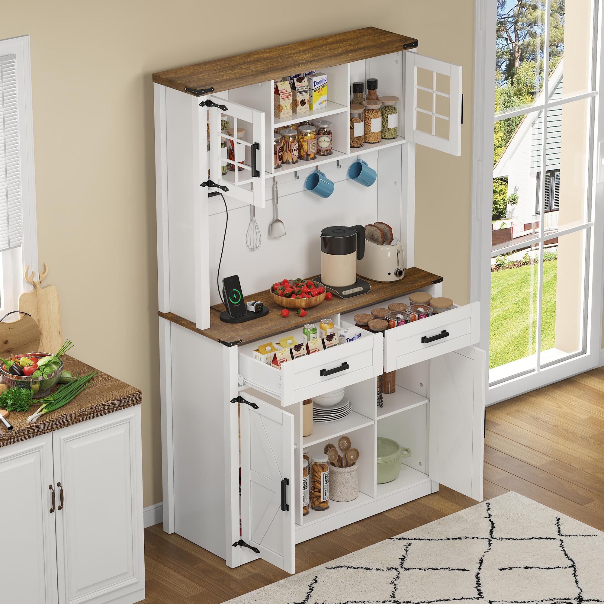 Tall Kitchen Pantry with Drawers and Remote-Controlled LEDs, Stylish Bar Cabinet with Adjustable Shelves, 100L x 40W x 172H cm, Brown+White   Aosom UK