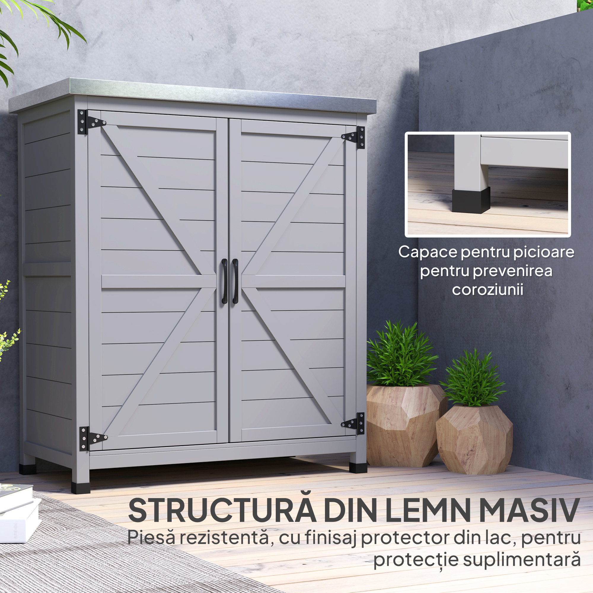  - Dulap de Depozitare pentru Exterior, Cutie de Depozitare din Lemn cu Blat Metalic si Rafturi, Banc de Lucru pentru Gradina cu Usi Duble, Gri [6]