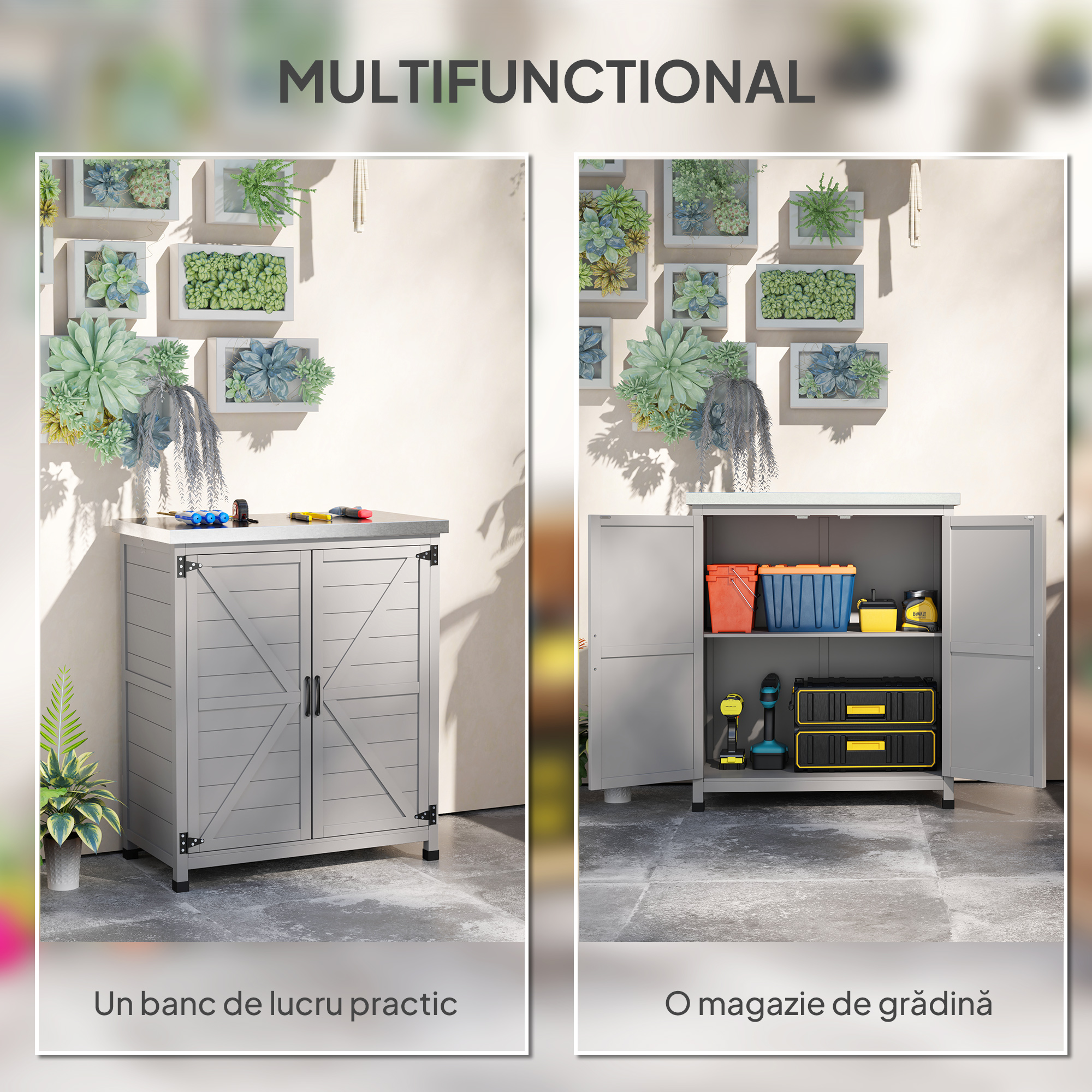  - Dulap de Depozitare pentru Exterior, Cutie de Depozitare din Lemn cu Blat Metalic si Rafturi, Banc de Lucru pentru Gradina cu Usi Duble, Gri [3]