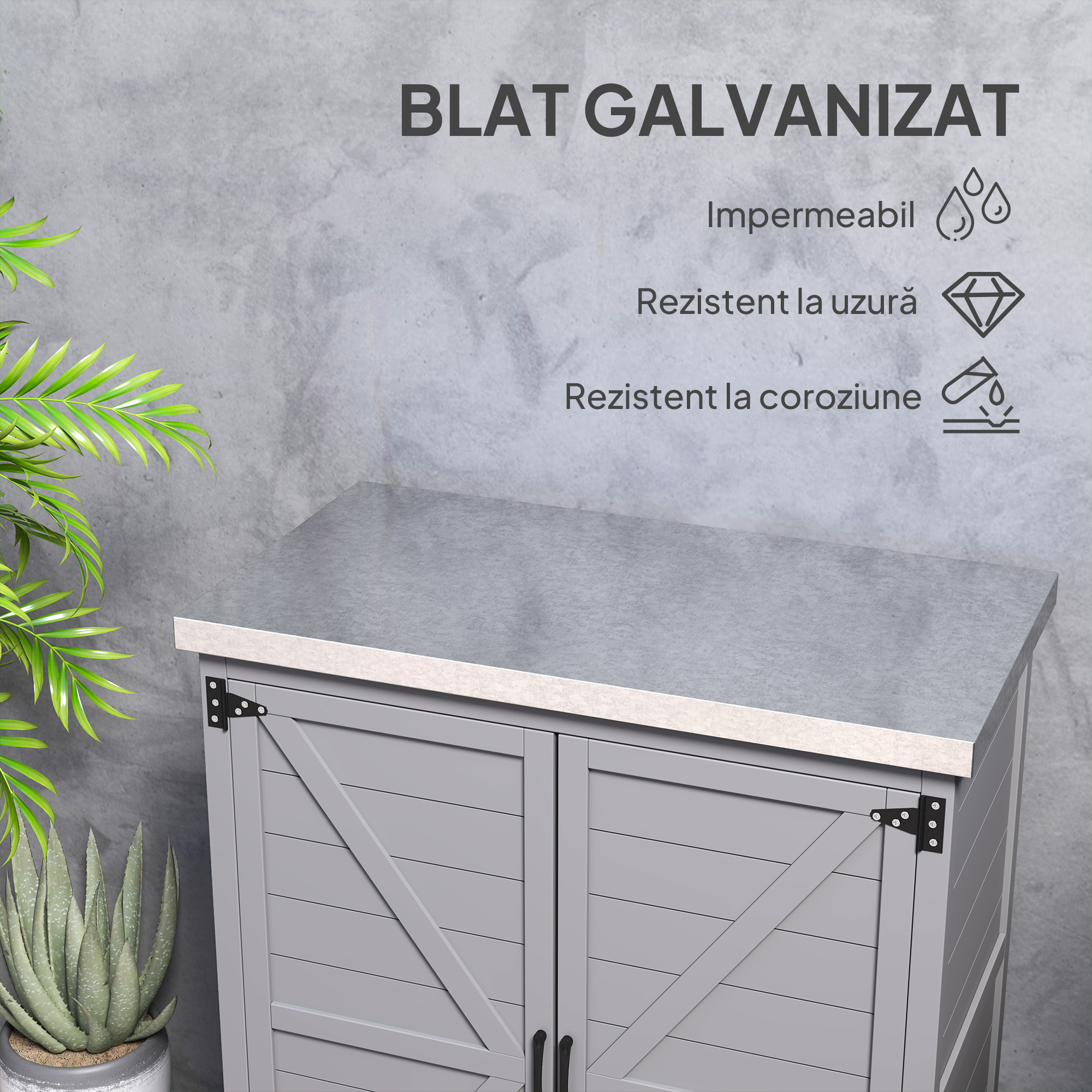  - Dulap de Depozitare pentru Exterior, Cutie de Depozitare din Lemn cu Blat Metalic si Rafturi, Banc de Lucru pentru Gradina cu Usi Duble, Gri [4]