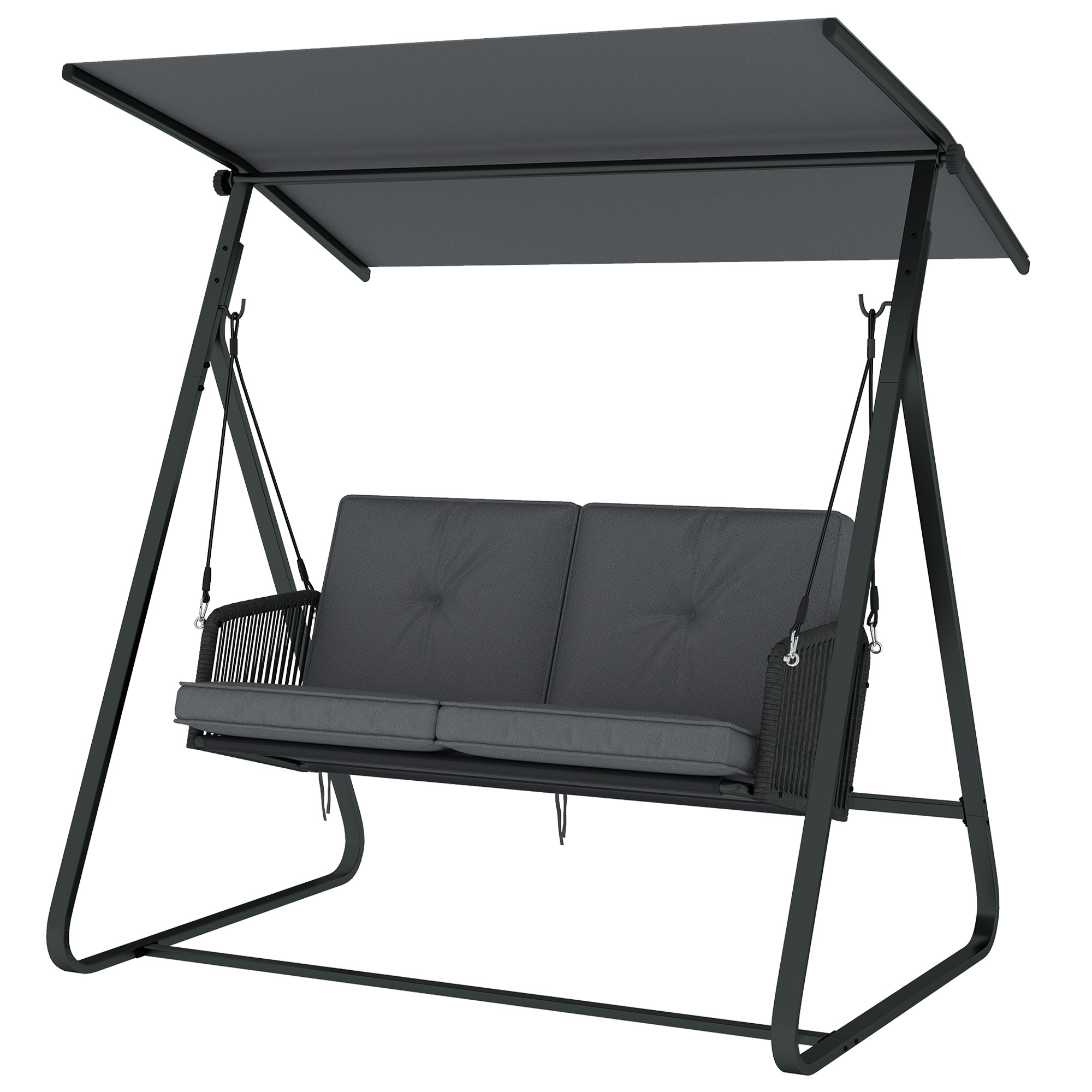 Outsunny Balancelle de jardin 2 places en résine tressée, balançoire extérieure avec toit réglable et coussin épais, gris