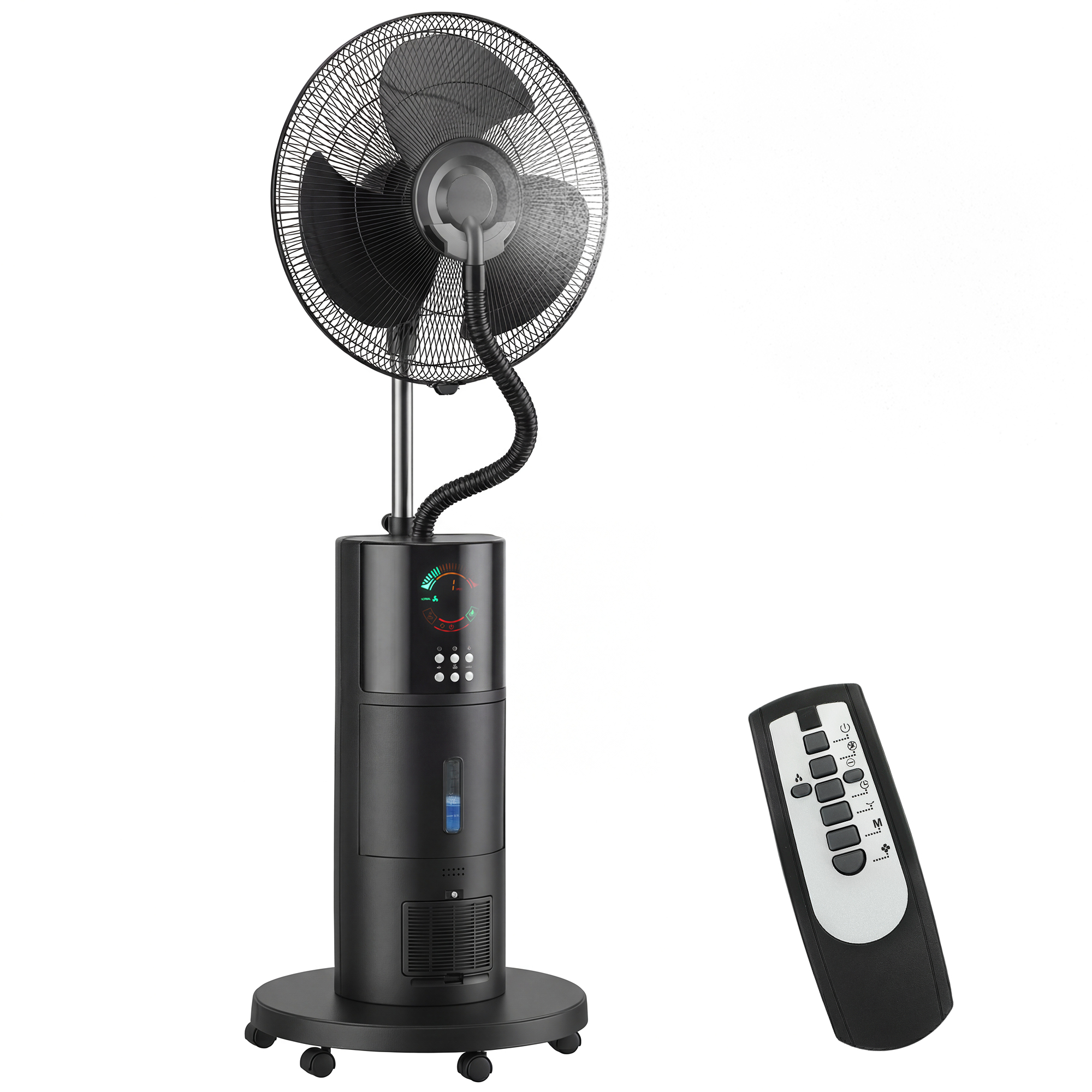 HOMCOM Ventilador de pie 4 en 1 con niebla de agua, purificador de aire, protección contra mosquitos, temporizador de 9 horas, 3 modos, mando a distancia, Negro