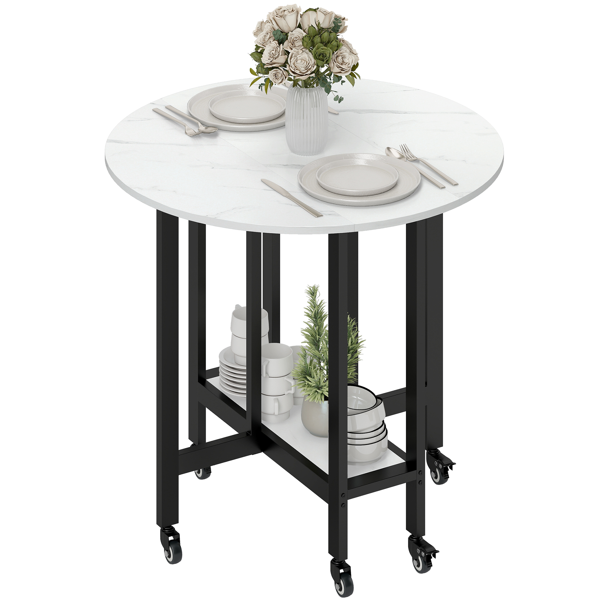 HOMCOM Folding Dining Table, Drop Leaf Table with Open Shelf, Rolling Kitchen Table for Dining Room, Small Spaces, White Marble