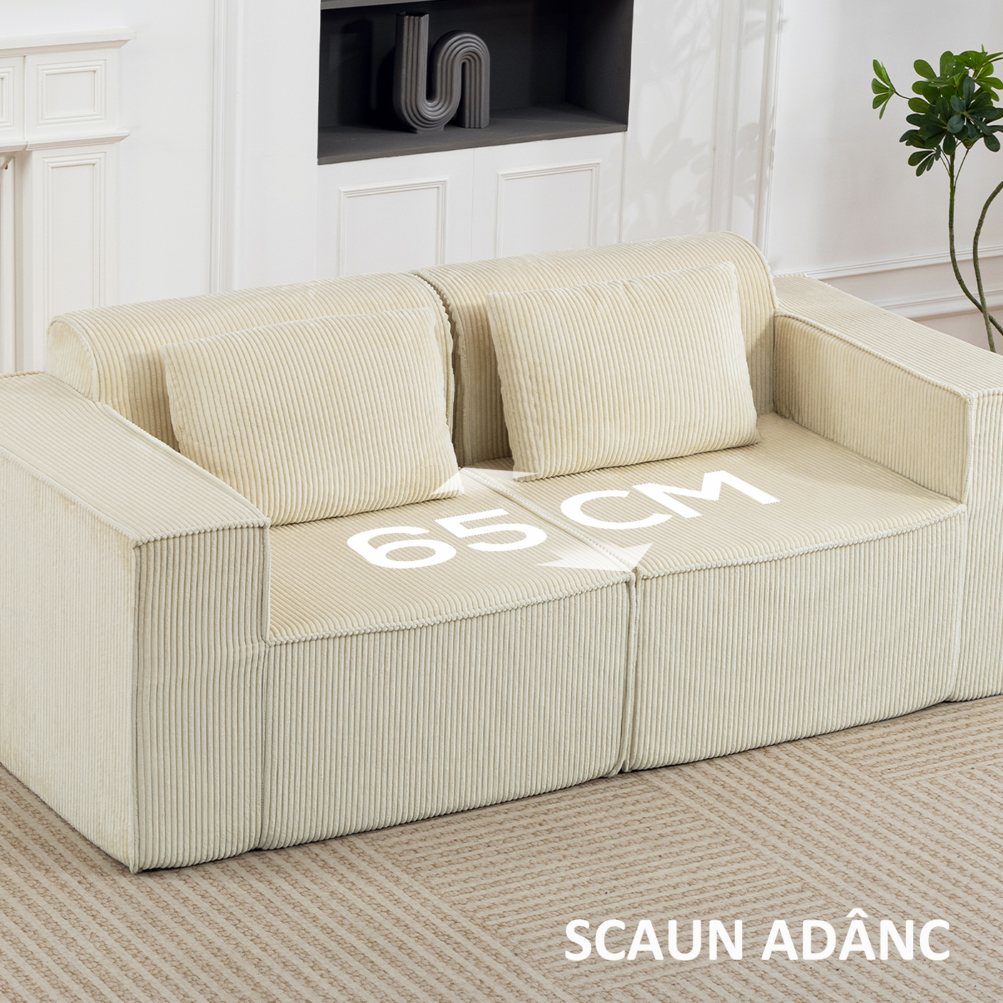  Canapea 3 Locuri Extra Adanca 65 cm, Canapea Modulara Fara Cadru cu Perne Groase, Cotiere Largi si 2 Perne, Design Modern din Catifea cu Nervuri pentru Sufragerie, Bej [4]