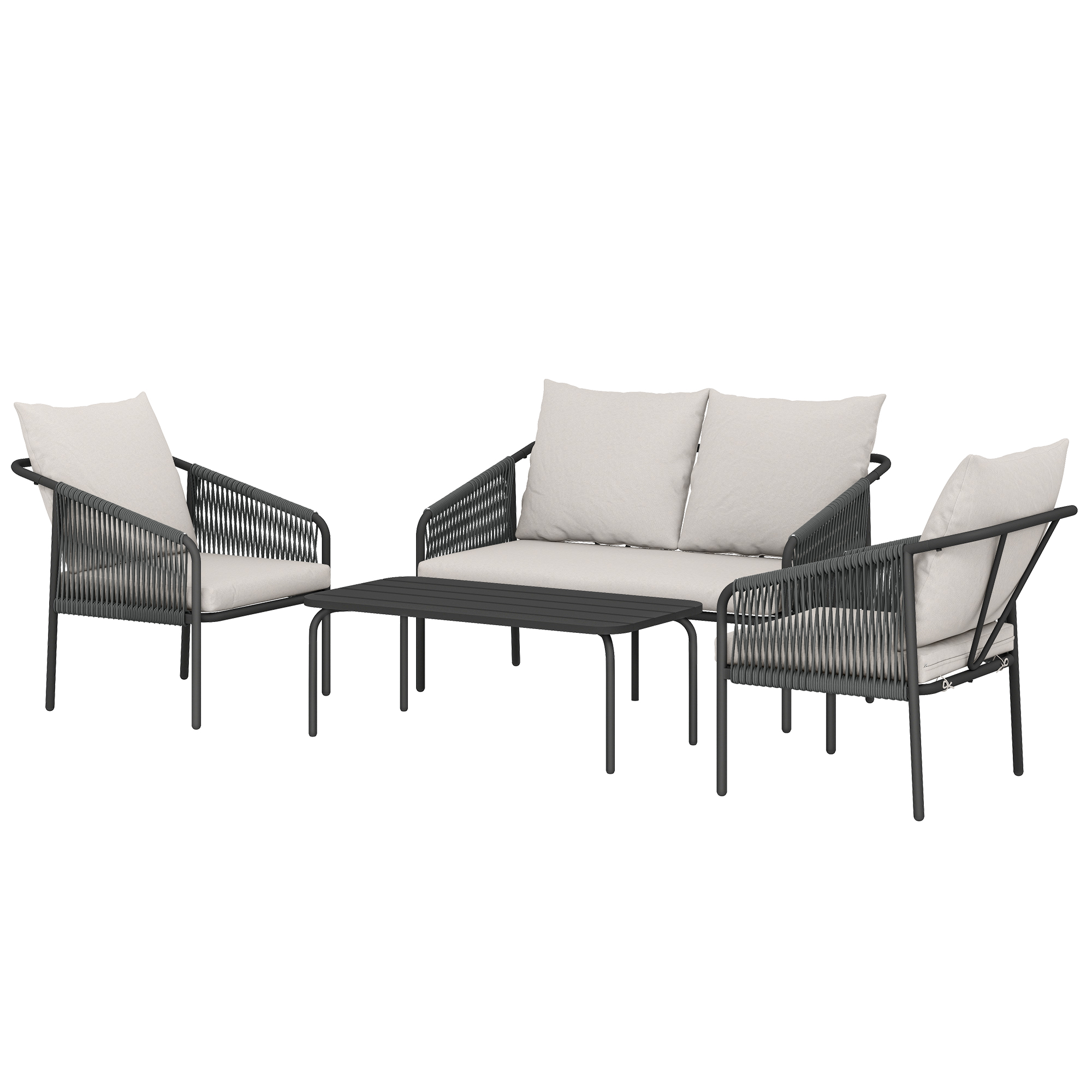 Outsunny Ensemble de jardin 4 pièces Polyrattan salon avec canapé 2 places 2 fauteuils table basse coussins amovibles sangles
