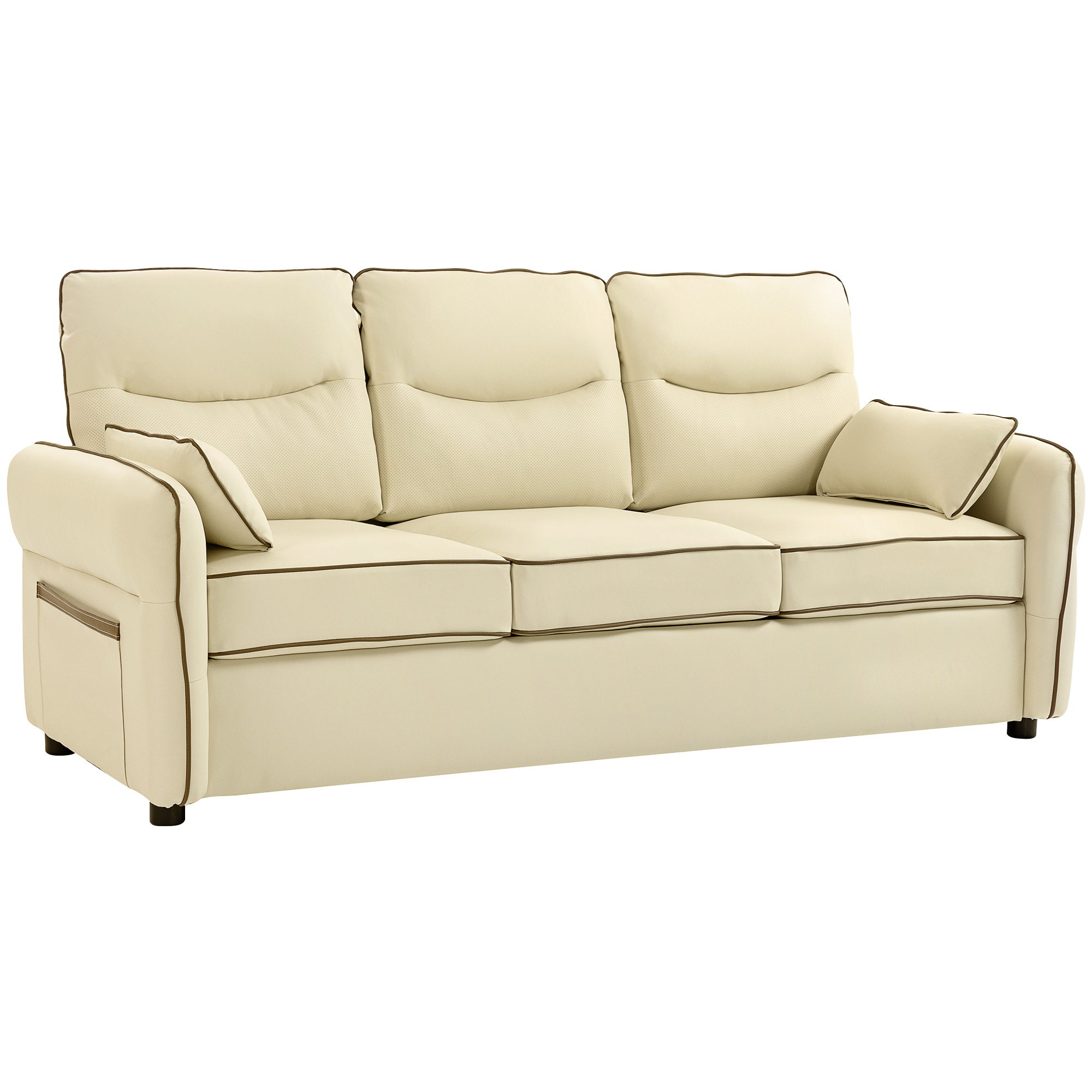 HOMCOM Divano Moderno 3 Posti con Imbottitura Spessa, Tasca Laterale e 2 Cuscini, in Finta Pelle, 190x83x90 cm, Beige Aosom Italy