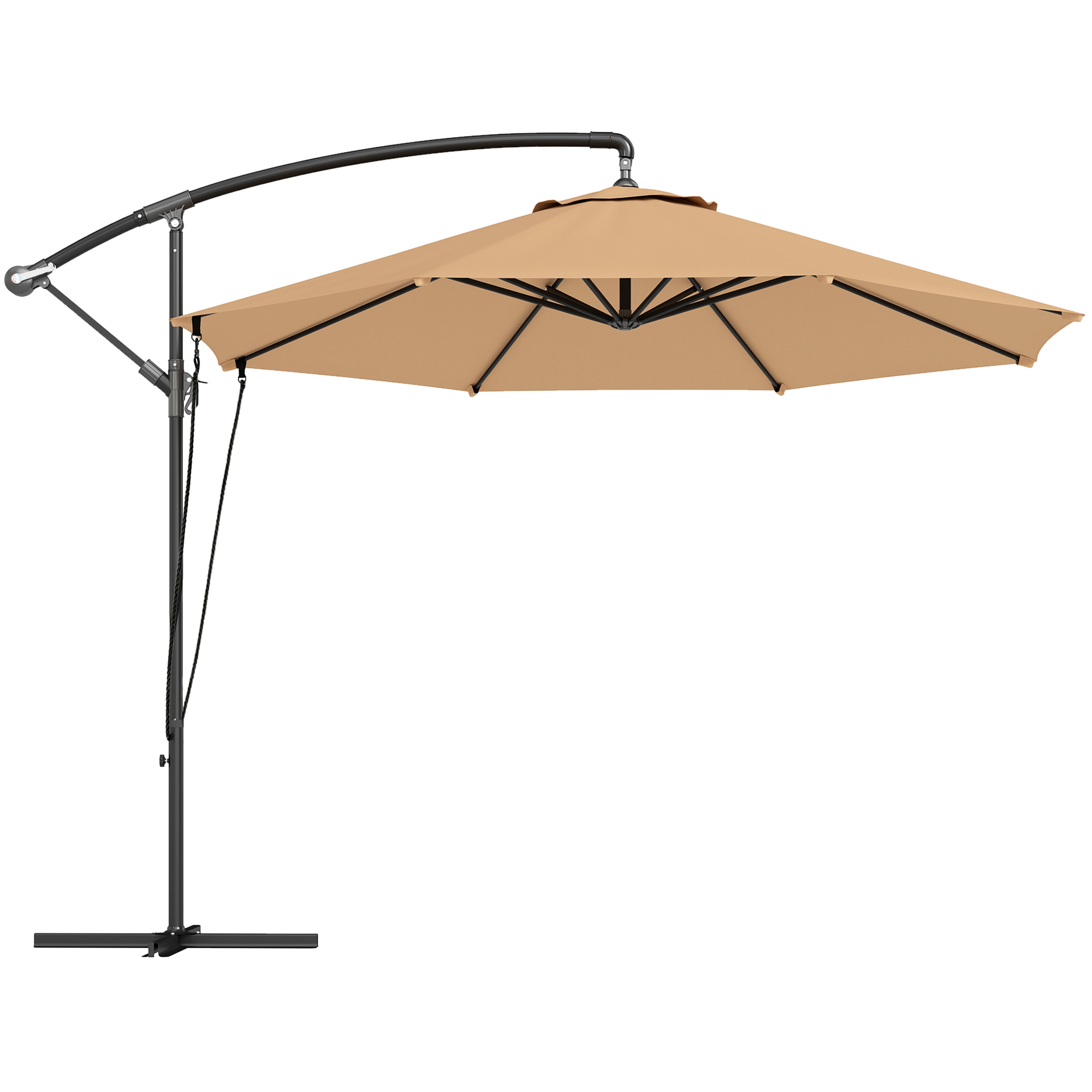 Outsunny Dezentraler Ampelschirm Ø3 m mit Windleinen, Lüftungsöffnungen, Kreuzfuß und Kurbel, Neig- und Drehbarer Gartenschirm aus Metall und Polyester 180 g/m², UV 50+, Khaki Aosom