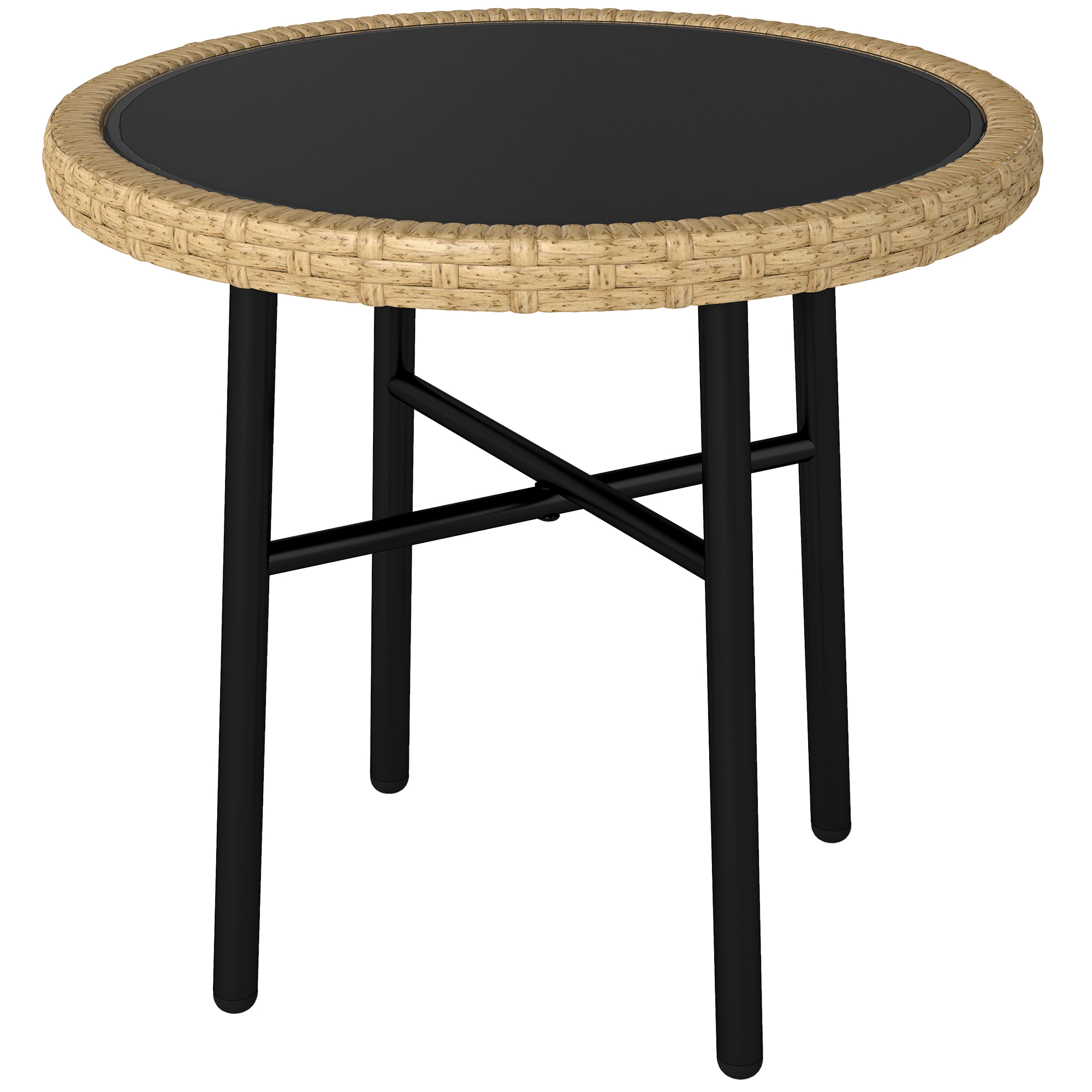 Outsunny Runder Garten-Couchtisch aus Polyrattan, Stahl und gehärteter Glasplatte Ø 46 cm, Beistelltisch für Wohnzimmer, Balkon, Pool, natur Aosom