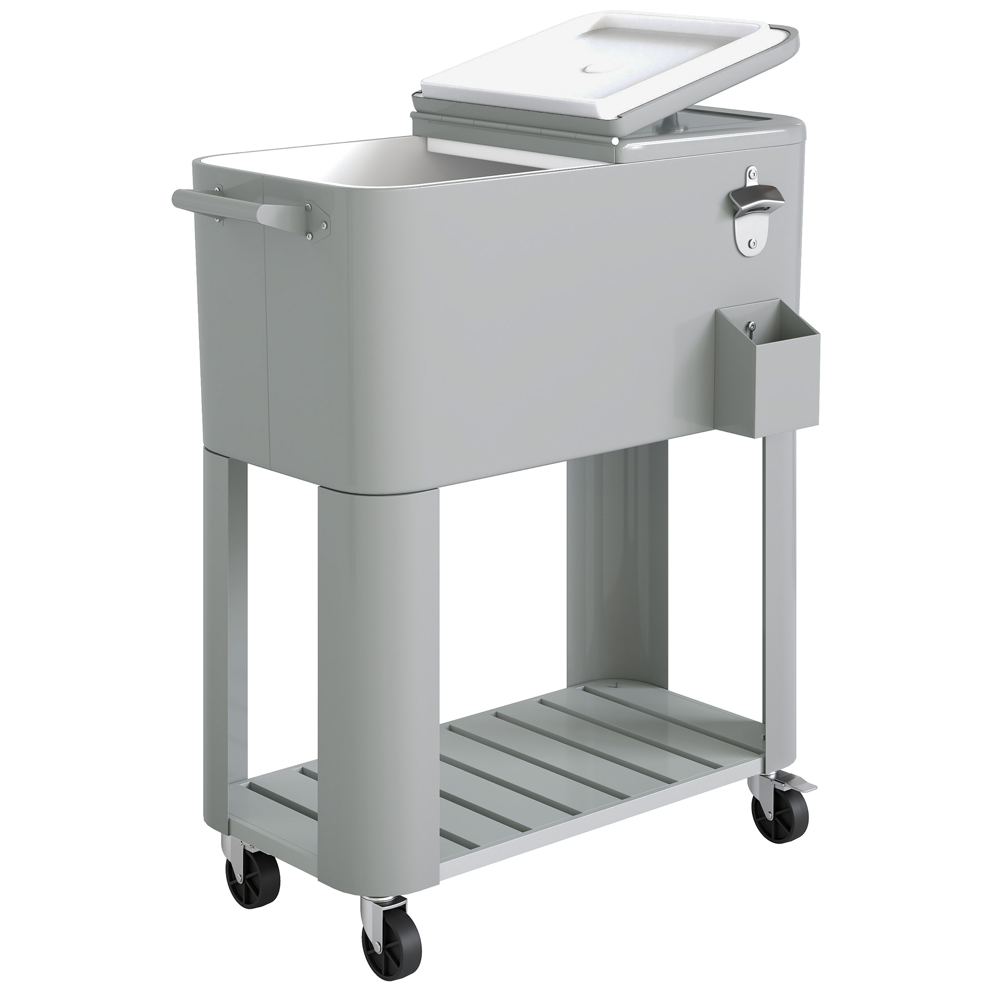 Outsunny Carrito Nevera de 76L con Ruedas Estante Abrebotellas Recogetapas Drenaje y 2 Asas para Patio Fiesta 92x39x81 cm Plata
