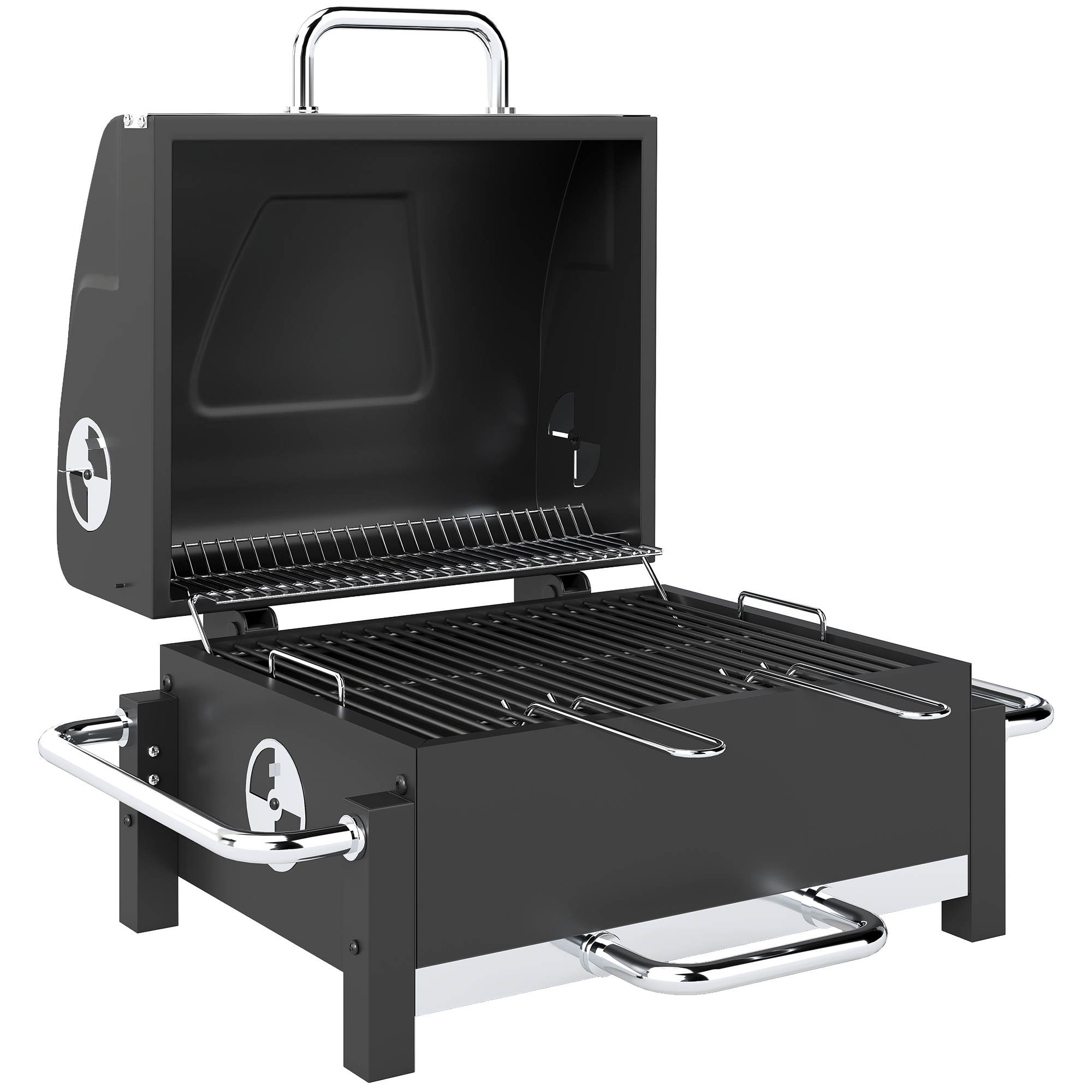 Outsunny Parrilla de carbón de acero portátil Ahumador BBQ con tapa ventilación ajustable bandeja de carbón de dos niveles termómetro
