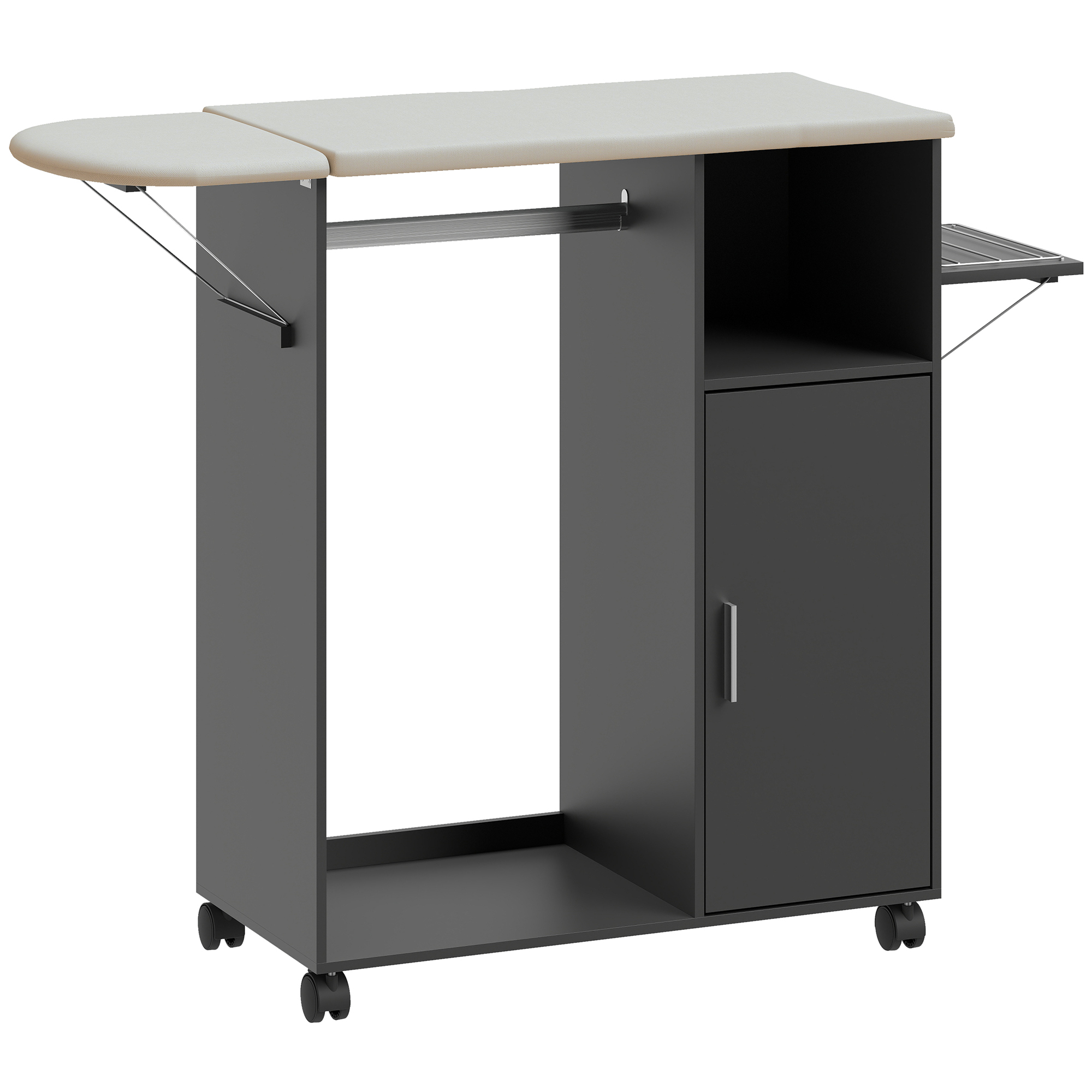 HOMCOM Mueble para Planchar con Superficie de Apoyo Efecto Lino, 3 Estantes tipo Cubo y Guía, 127x42.5x99 cm, Negro