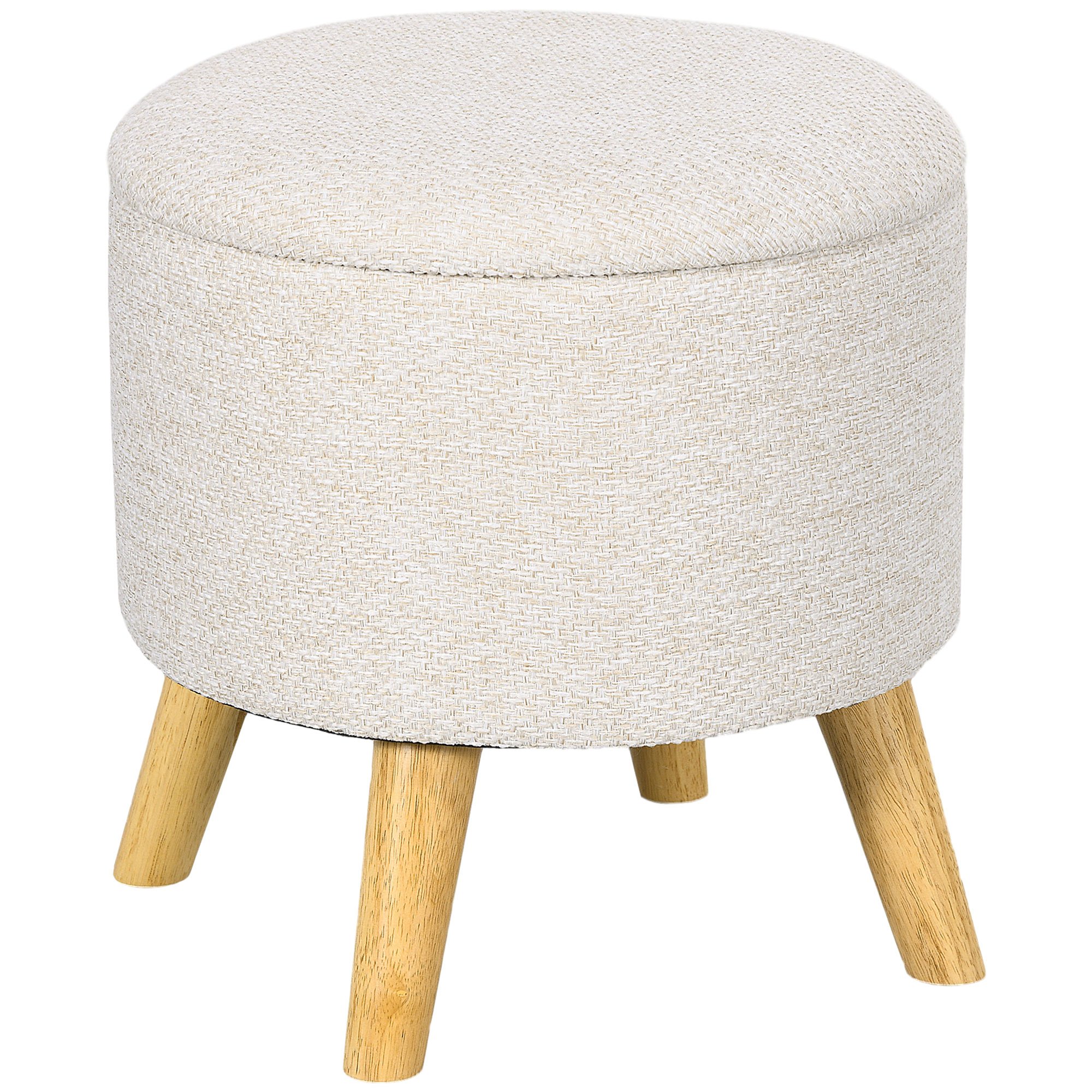 HOMCOM Puf redondo reposapiés taburete con baúl de almacenamiento patas de madera diseño moderno crema