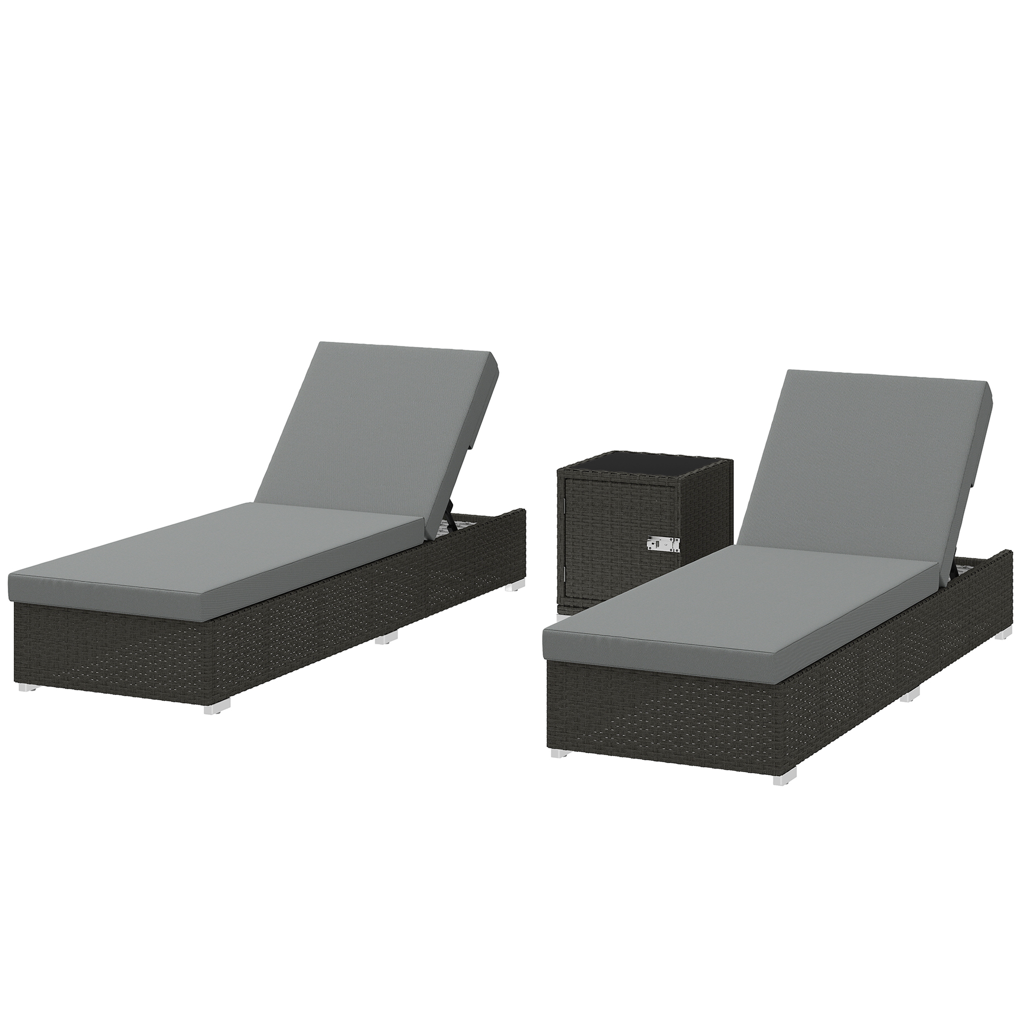 Outsunny Set 2 Chaises longues de Jardin en Rattan avec Table latérale et Dossier Réglable, 184x60x22 cm, Gris Foncé