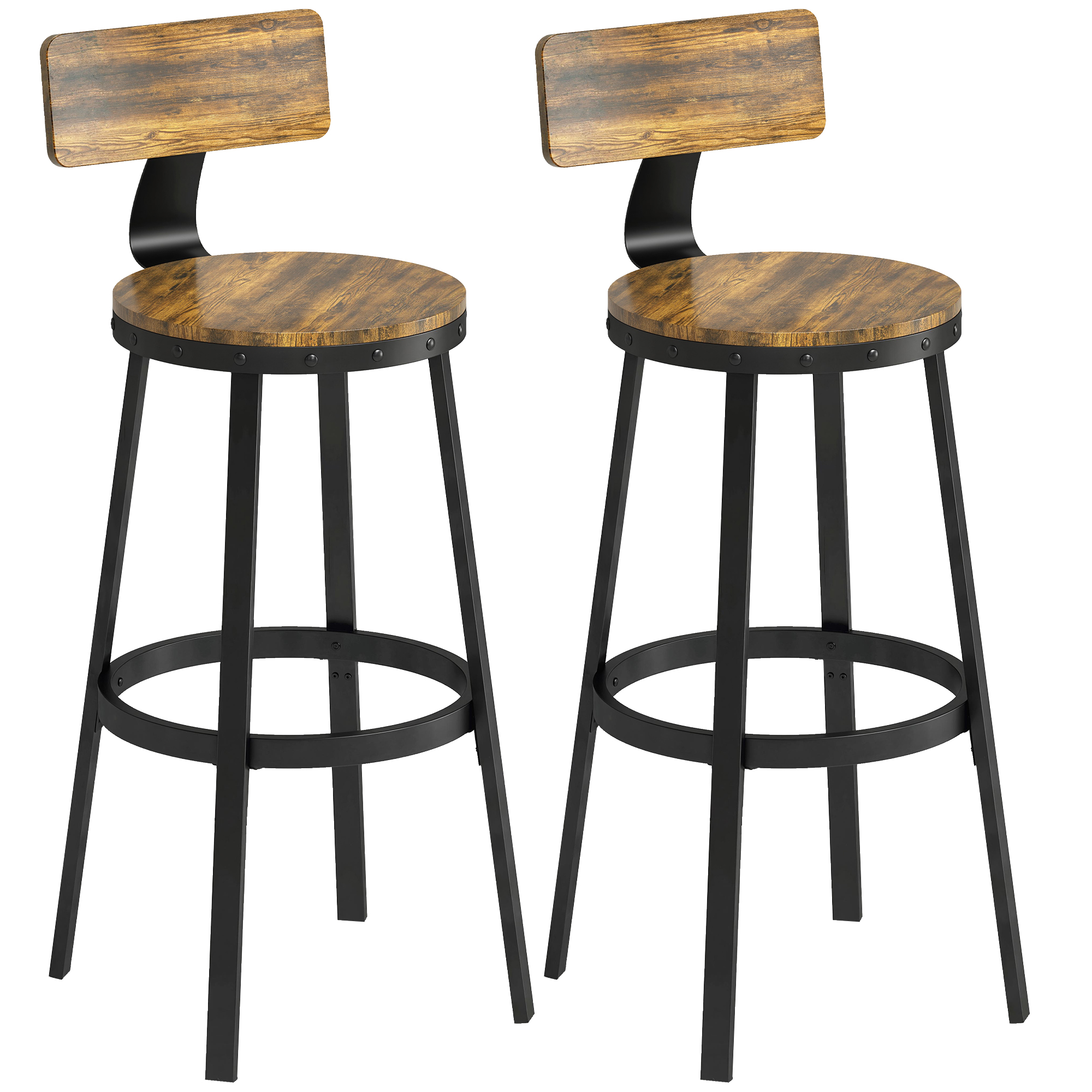 HOMCOM Set de 2 Taburetes de Bar Estilo Rústico con Reposapiés, en Madera y Metal, 37x47x96 cm, Marrón