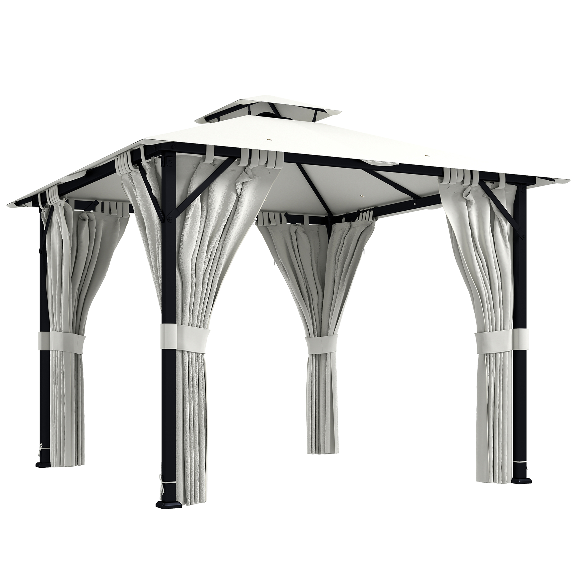 Outsunny Pérgola de jardín exterior 3x3 m pabellón de jardín, techo doble, cortinas, ganchos de techo, estructura metálica, crema