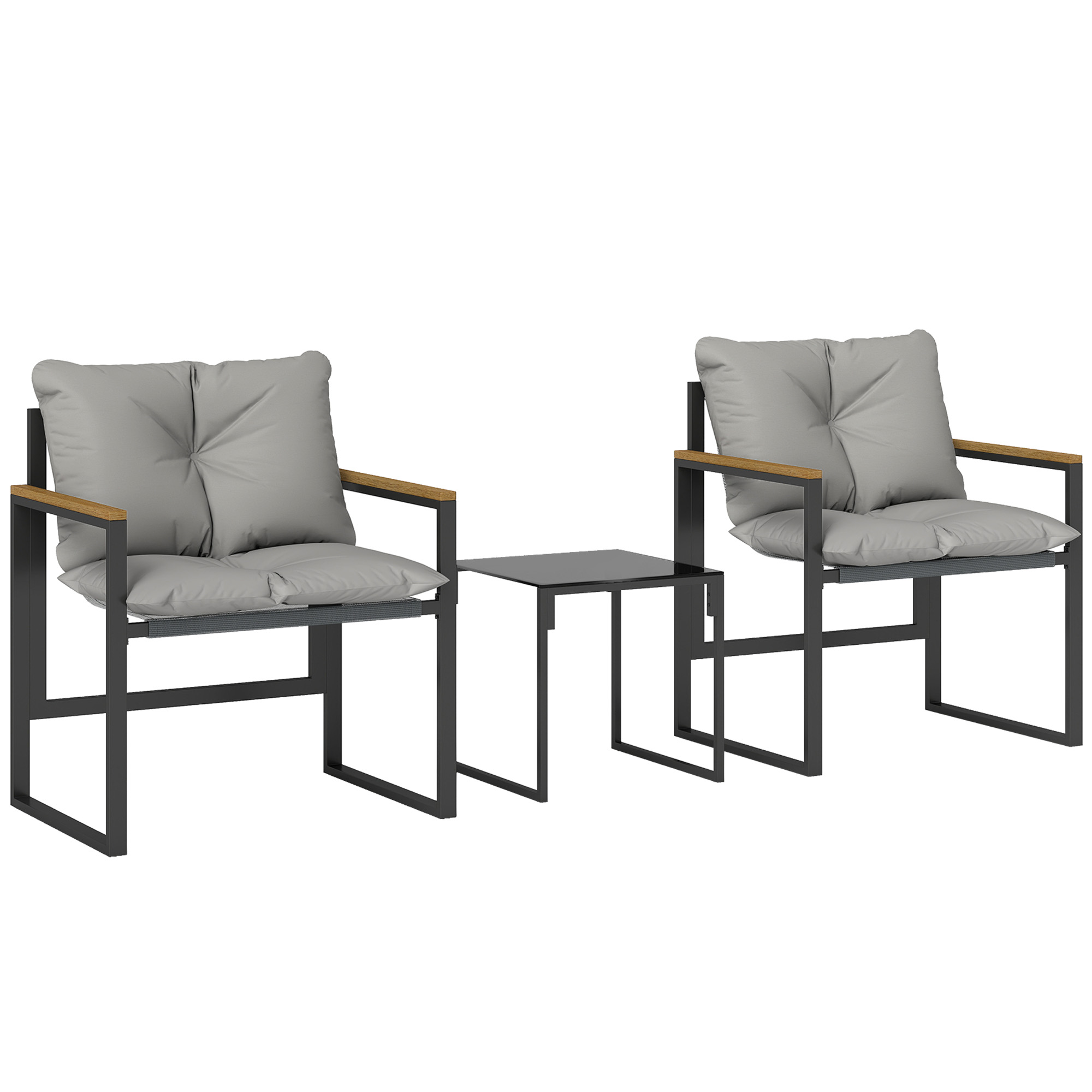 Outsunny Salón de jardín 3 piezas 2 plazas con 2 sillones 1 mesa auxiliar, sobre de vidrio templado y cojines, gris