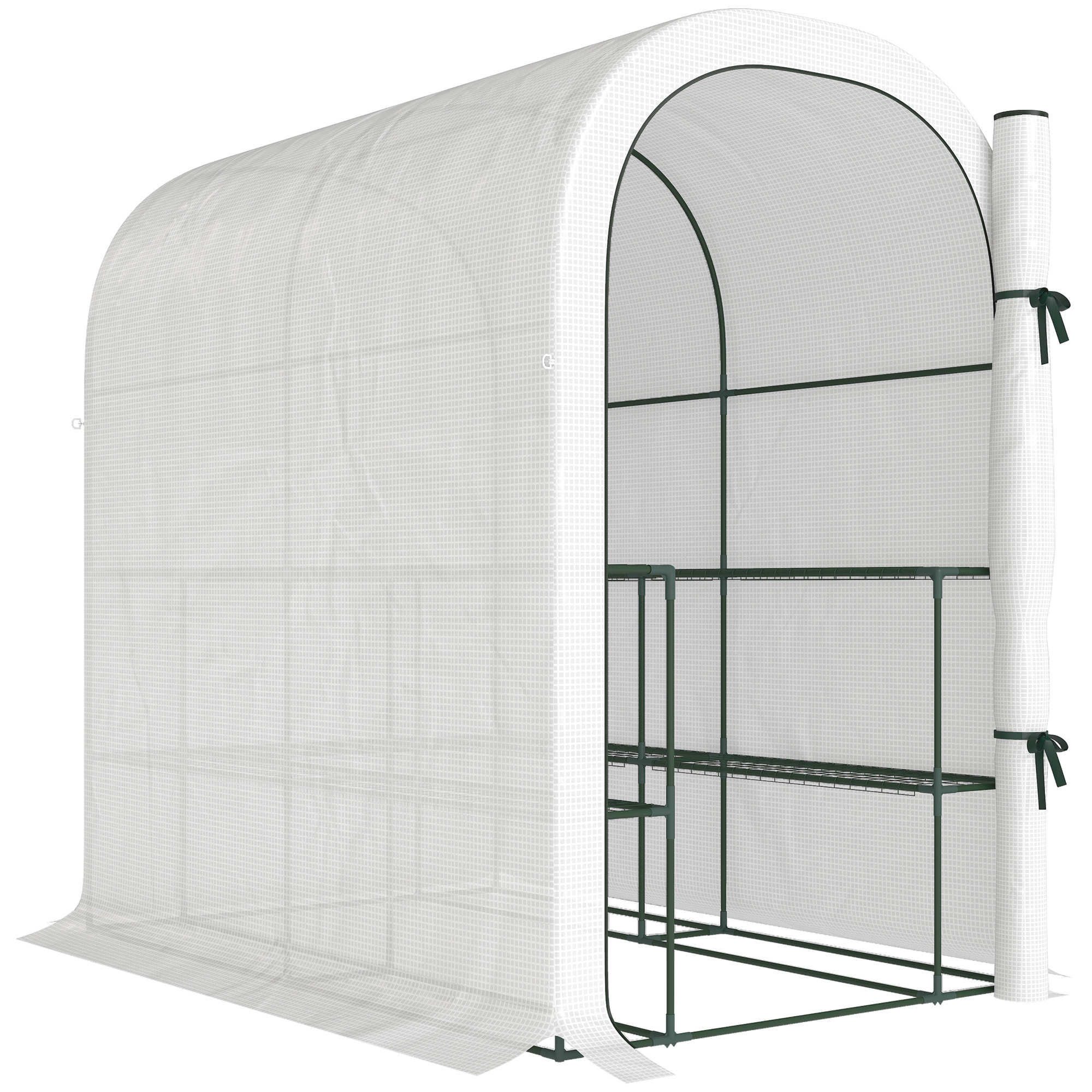 Outsunny Invernadero de jardín con estantes, 123x187x189cm, pequeño invernadero con puerta enrollable, cubierta de PE de alta densidad 140 g/m², blanco