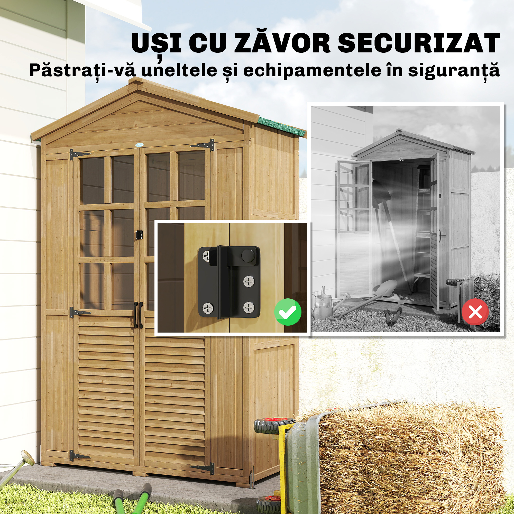  Dulap de Gradina din Lemn de Brad cu Rafturi si Ferestre din Acril, Casuta Depozitare Unelte Exterioare cu Acoperis Asfaltat, Usi Blocabile, 128x57.5x197 cm, Maro Deschis [7]