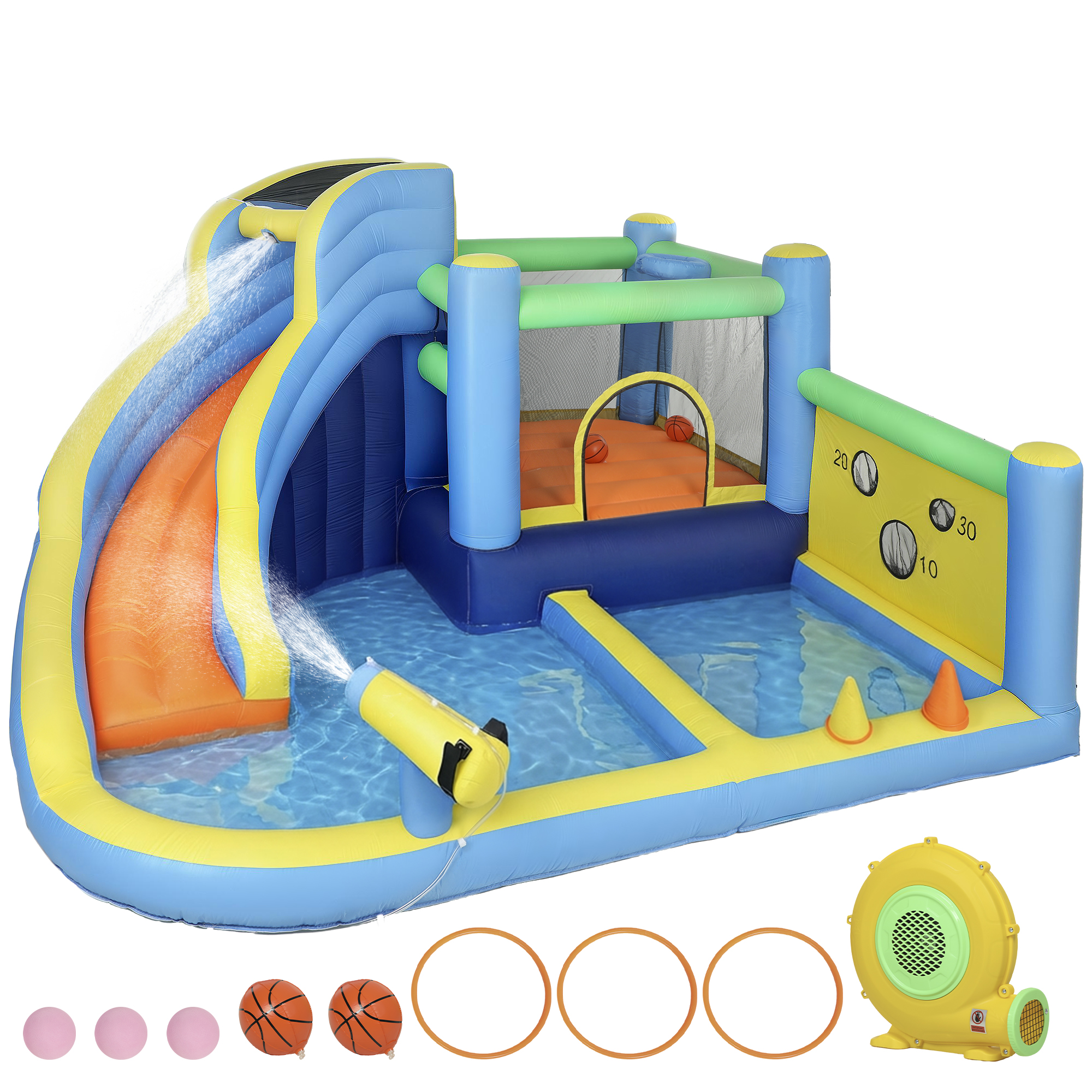 AIYAPLAY Castillo Hinchable Acuático 8 en 1 con Soplador 550W Tobogán Trampolín Escalada Piscinas Canasta Lanzamiento de Aros