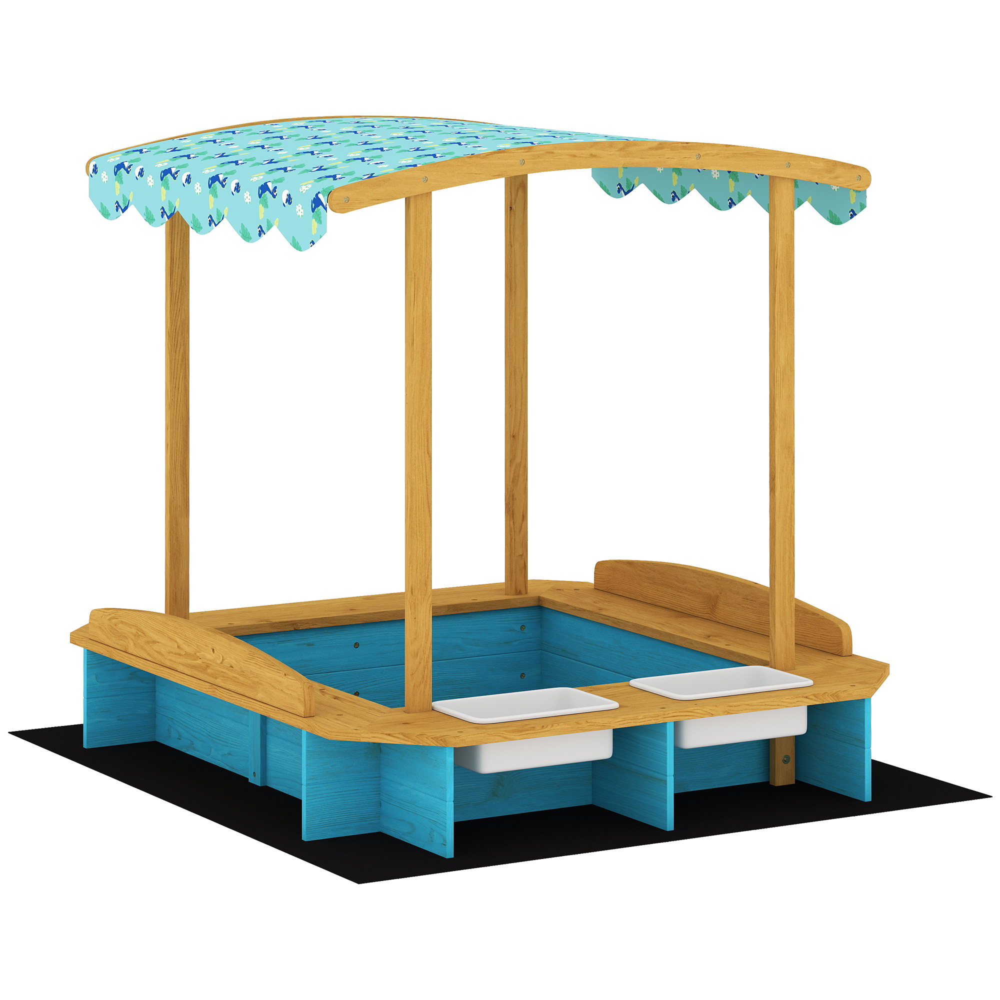 AIYAPLAY Arenero para Niños de Madera con Techo 3 Bancos 2 Cajas de PP Forro para Niños de 3-6 Años 128x118x121 cm Azul