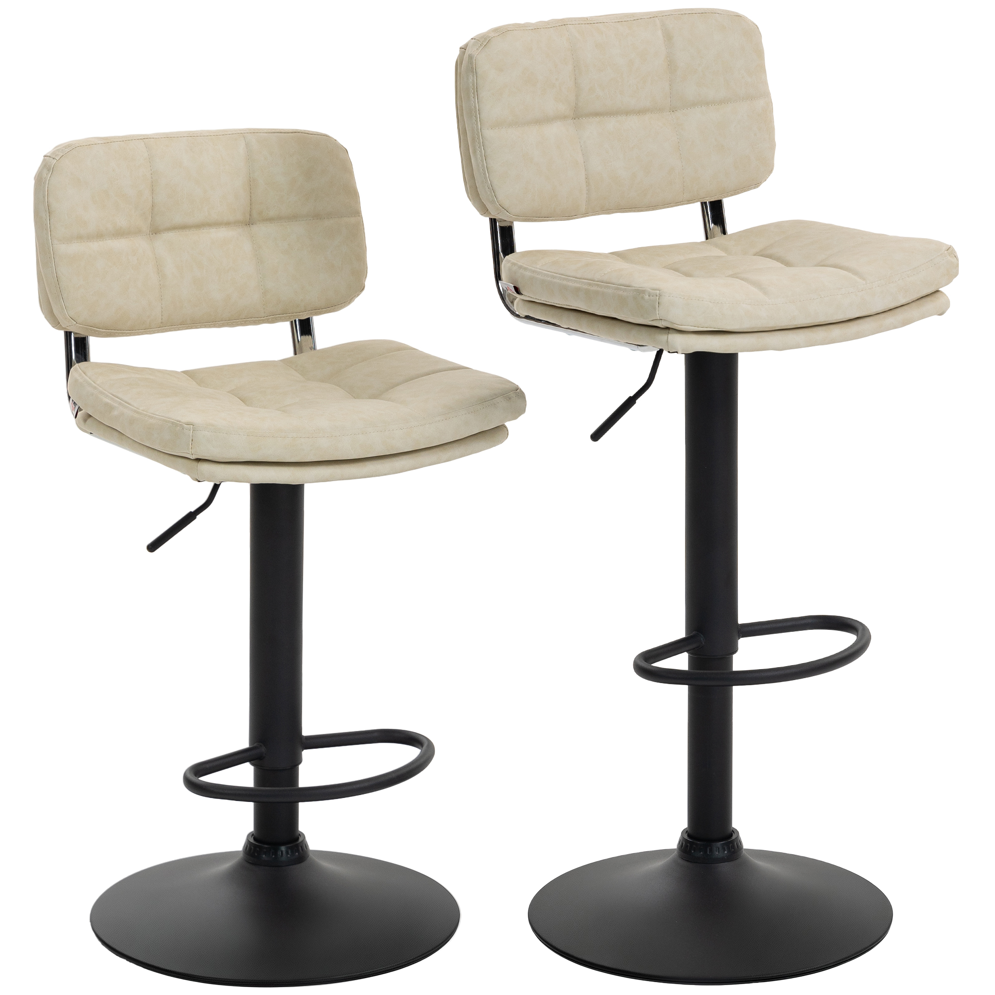 HOMCOM Lote de 2 taburetes de bar vintage capitonados - giratorios, regulables - reposapiés - revestimiento sintético crema