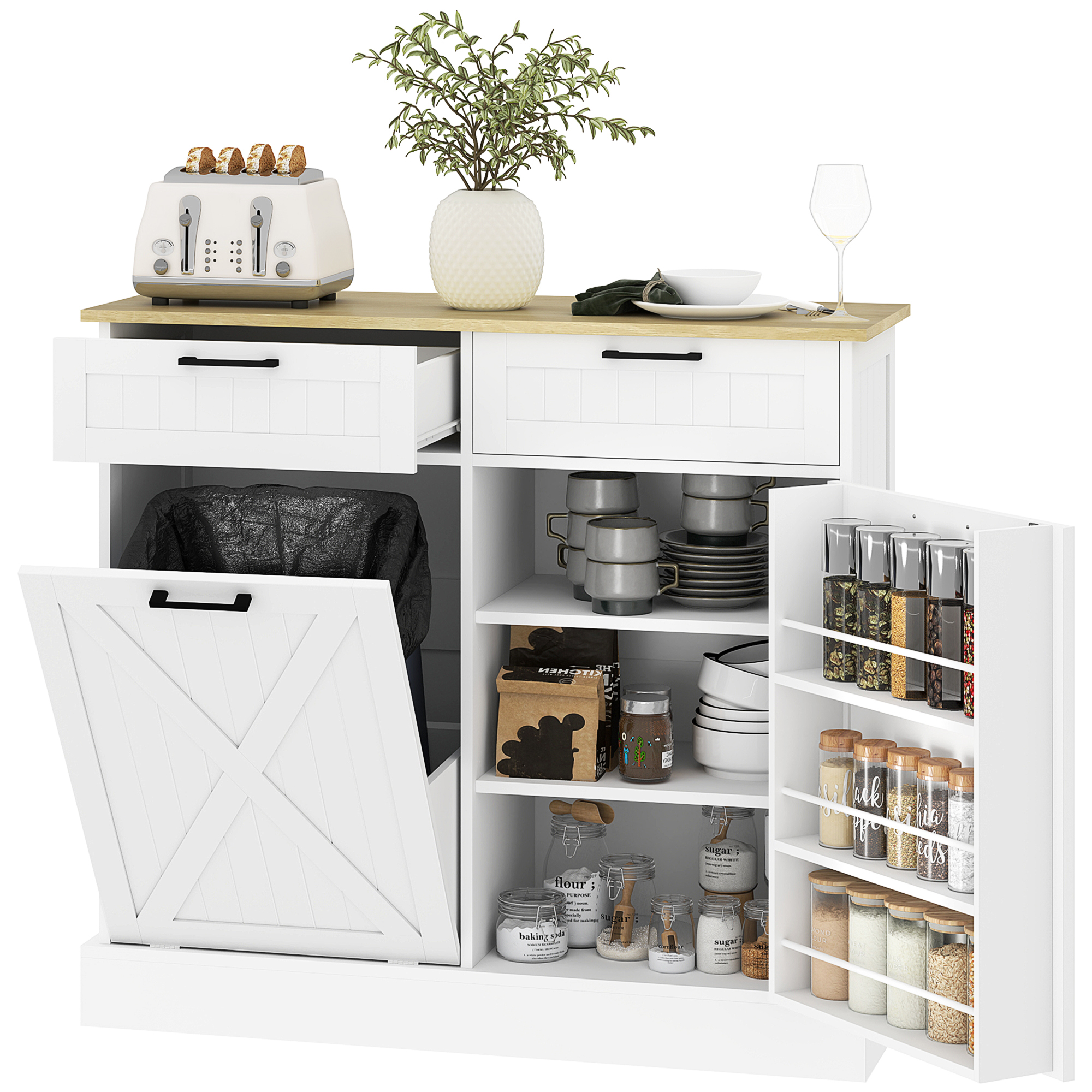 HOMCOM Buffet de cocina con compartimento para basura 38 L, mueble de almacenamiento para cocina, 2 cajones, estante para especias y superficie de trabajo, blanco