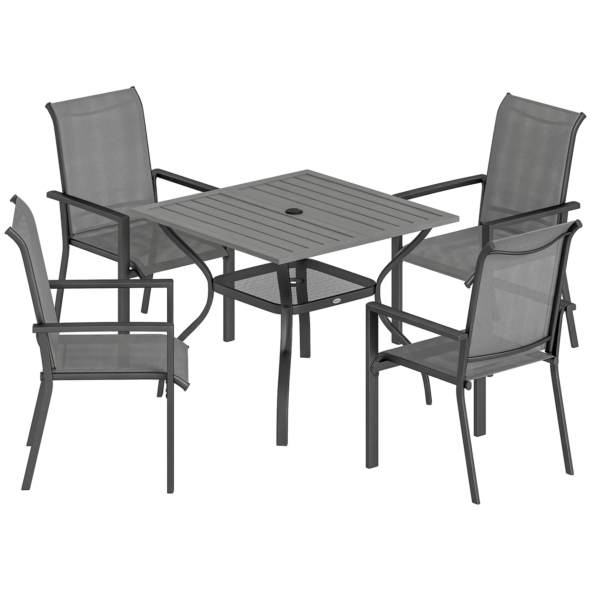 Outsunny Set de Jardín 5 pz en Acero con 4 Sillas Apilables y Mesa con Orificio Central y Balda Inferior, Gris