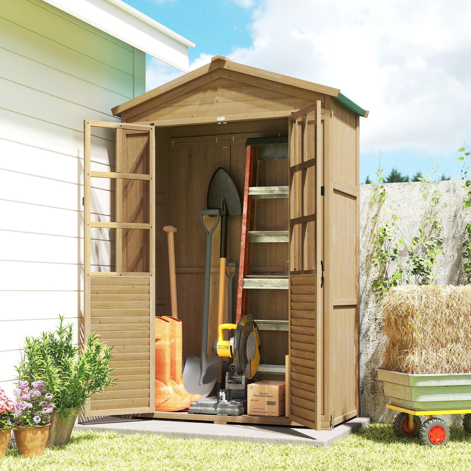  Dulap de Gradina din Lemn de Brad cu Rafturi si Ferestre din Acril, Casuta Depozitare Unelte Exterioare cu Acoperis Asfaltat, Usi Blocabile, 128x57.5x197 cm, Maro Deschis [8]