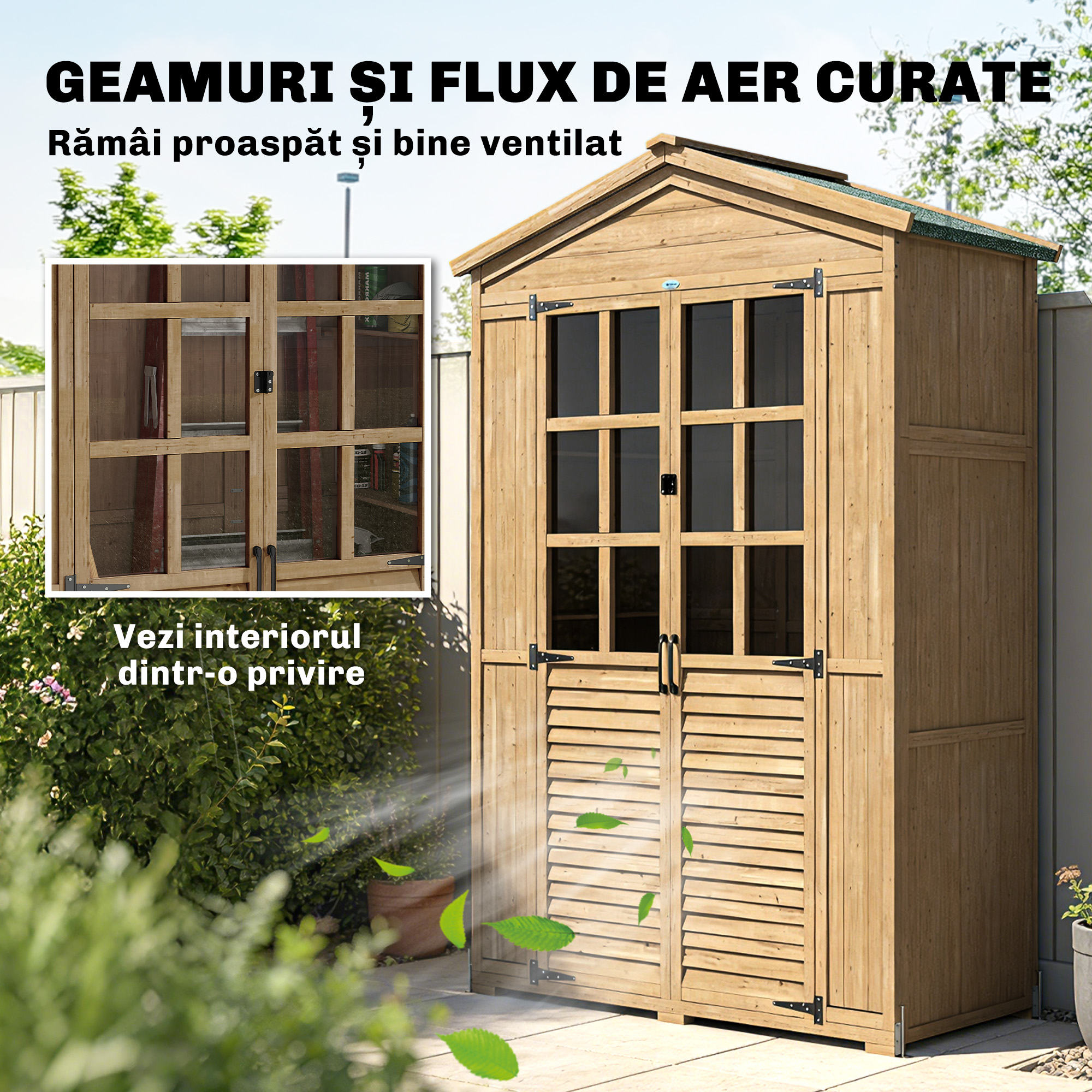  Dulap de Gradina din Lemn de Brad cu Rafturi si Ferestre din Acril, Casuta Depozitare Unelte Exterioare cu Acoperis Asfaltat, Usi Blocabile, 128x57.5x197 cm, Maro Deschis [3]