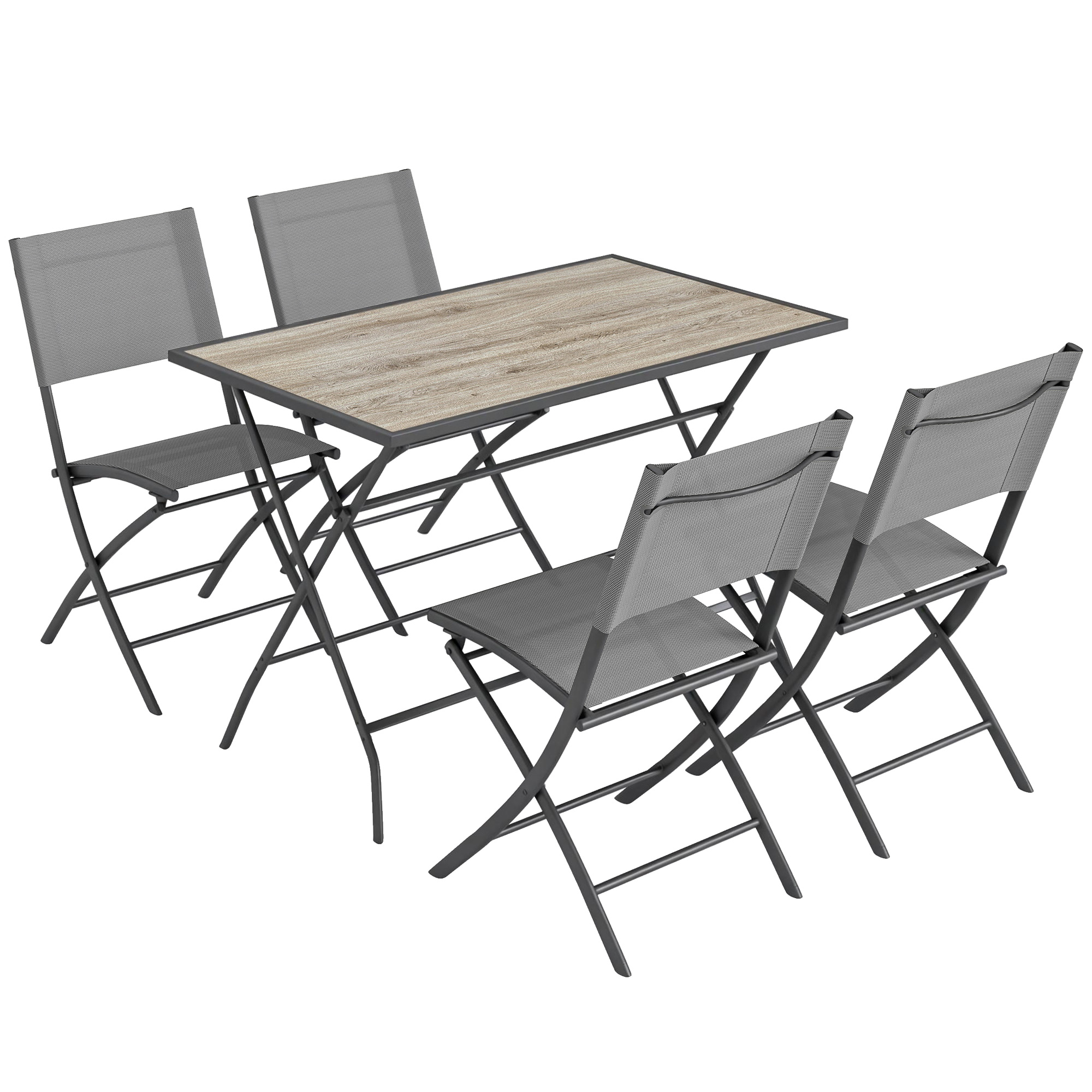 Outsunny Tuinmeubelset Inklapbaar Eetset 5-delig Tafel met 4 Ademende Stoelen Houtlook Ruimtebesparend