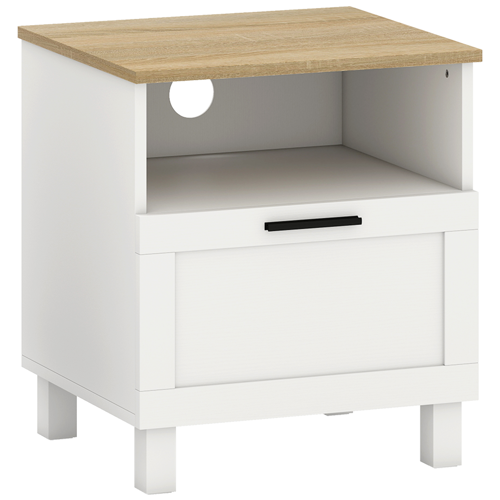 HOMCOM Mesita moderna minimalista con cajón y estante abierto, en madera, 45x38x50 cm, Blanco y color madera