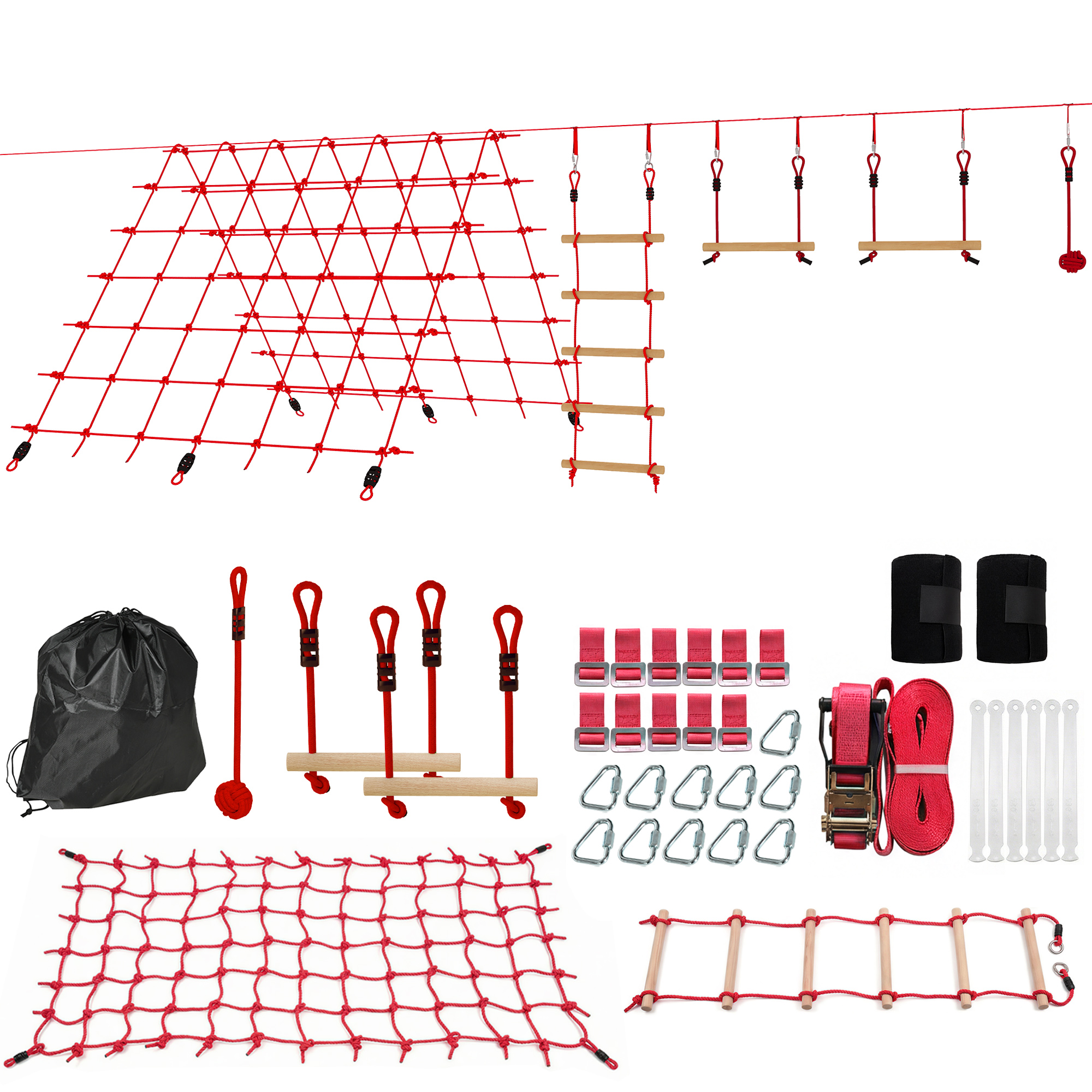AIYAPLAY Ninja Line Kinderen 10m Slackline Set met turnringen schommel klimladder klimnet voor 3-6 jaar 1000x300x180 cm Rood