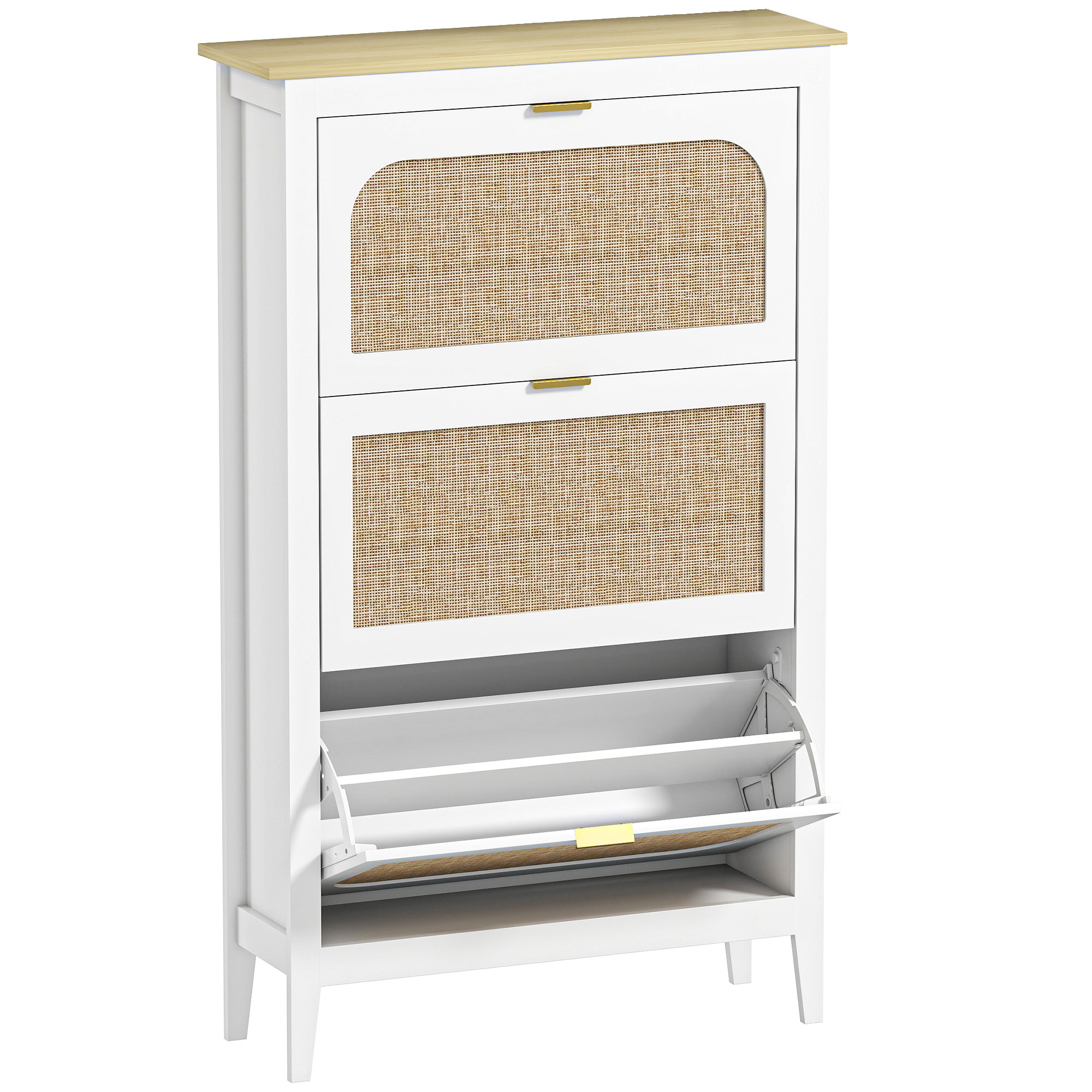 HOMCOM Mueble de zapatos 21 pares bohemio con 3 cajones abatibles, puertas de ratán, 80 x 24 x 131 cm, blanco