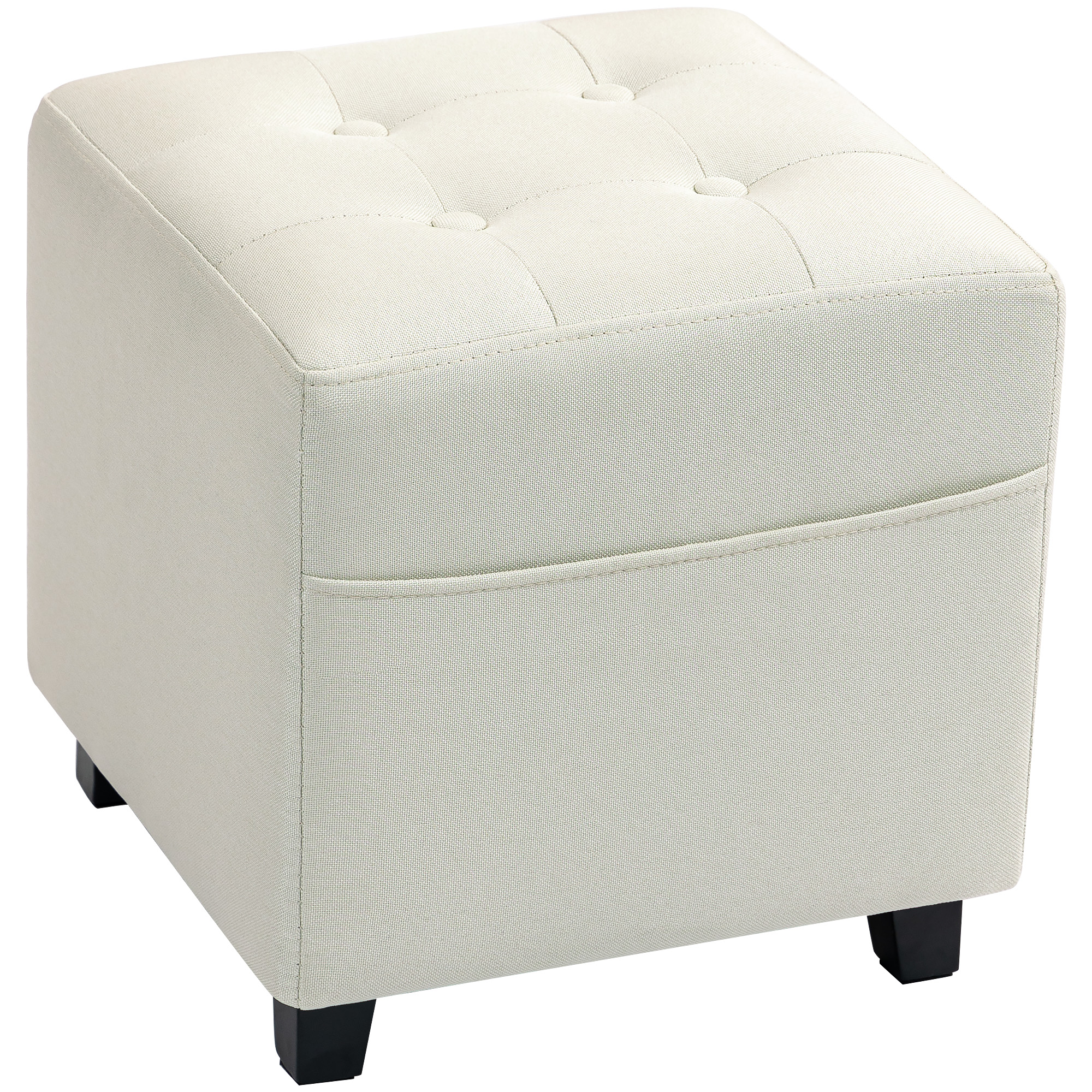 HOMCOM Fußhocker für Wohnzimmer, Ottoman, gepolsterter Sitz mit Steppung in Leinenoptik mit Seitentasche, Pouf, Holzgestell, für Schlafzimmer, Flur, 35 x 35 x 35 cm, Creme Aosom