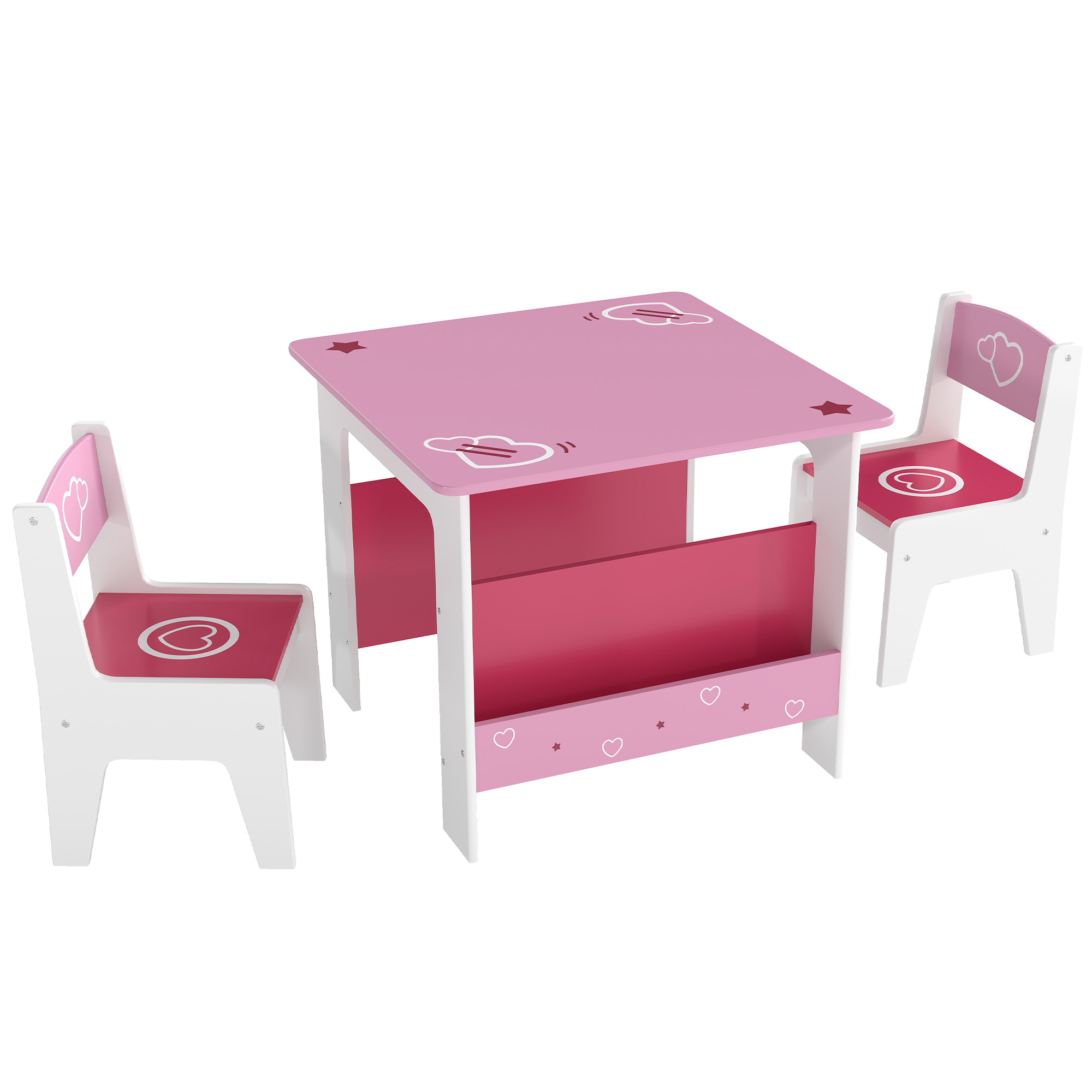 AIYAPLAY Set de Mesa con 2 Sillas para Niños 3-8 Años, Mesita con Estantería en MDF con Dibujos de Corazones, Rosa