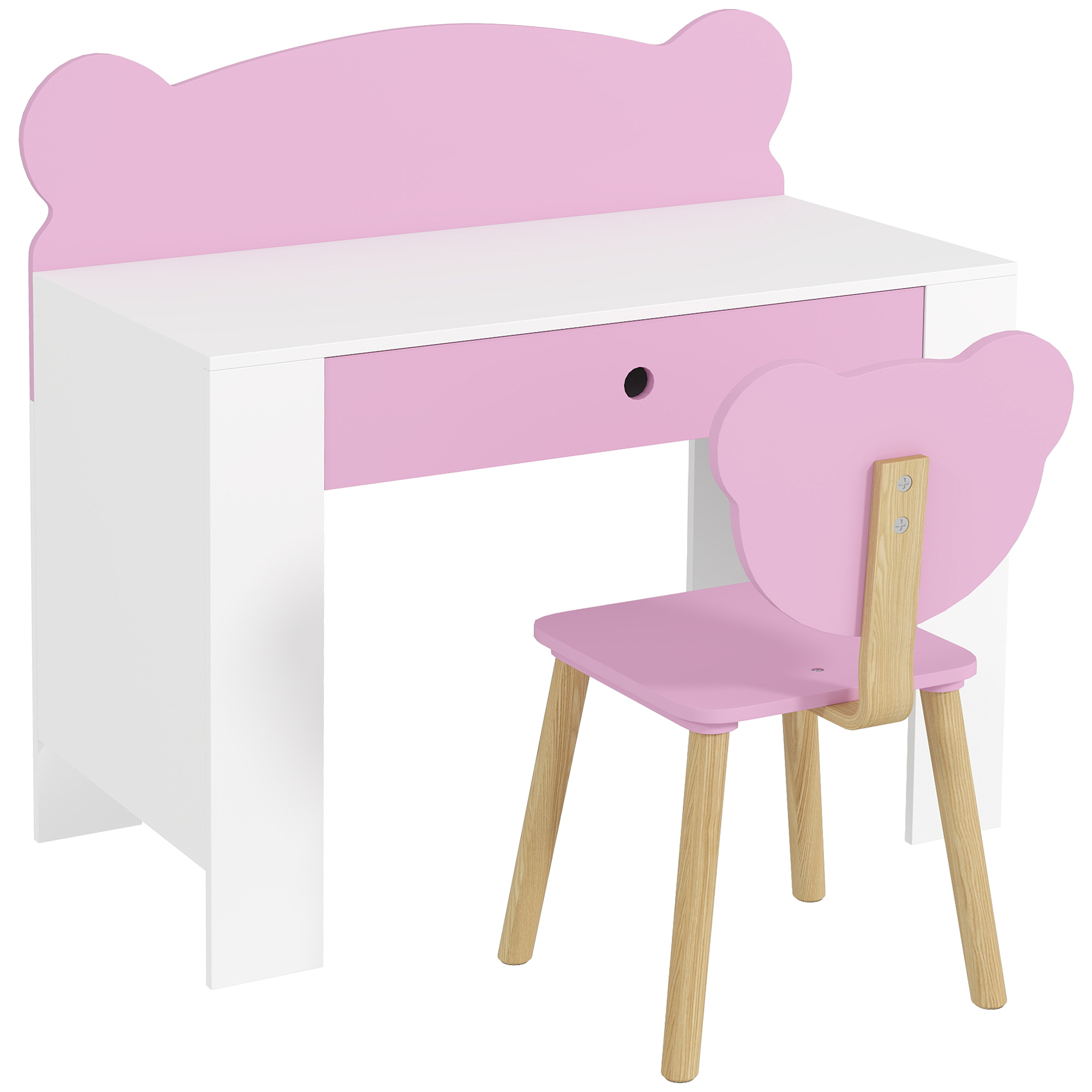 AIYAPLAY Kids Desk and Chair Set with Drawer for Drawing, Reading, Bear Theme Children Furniture for Bedroom, Daycare, Pink