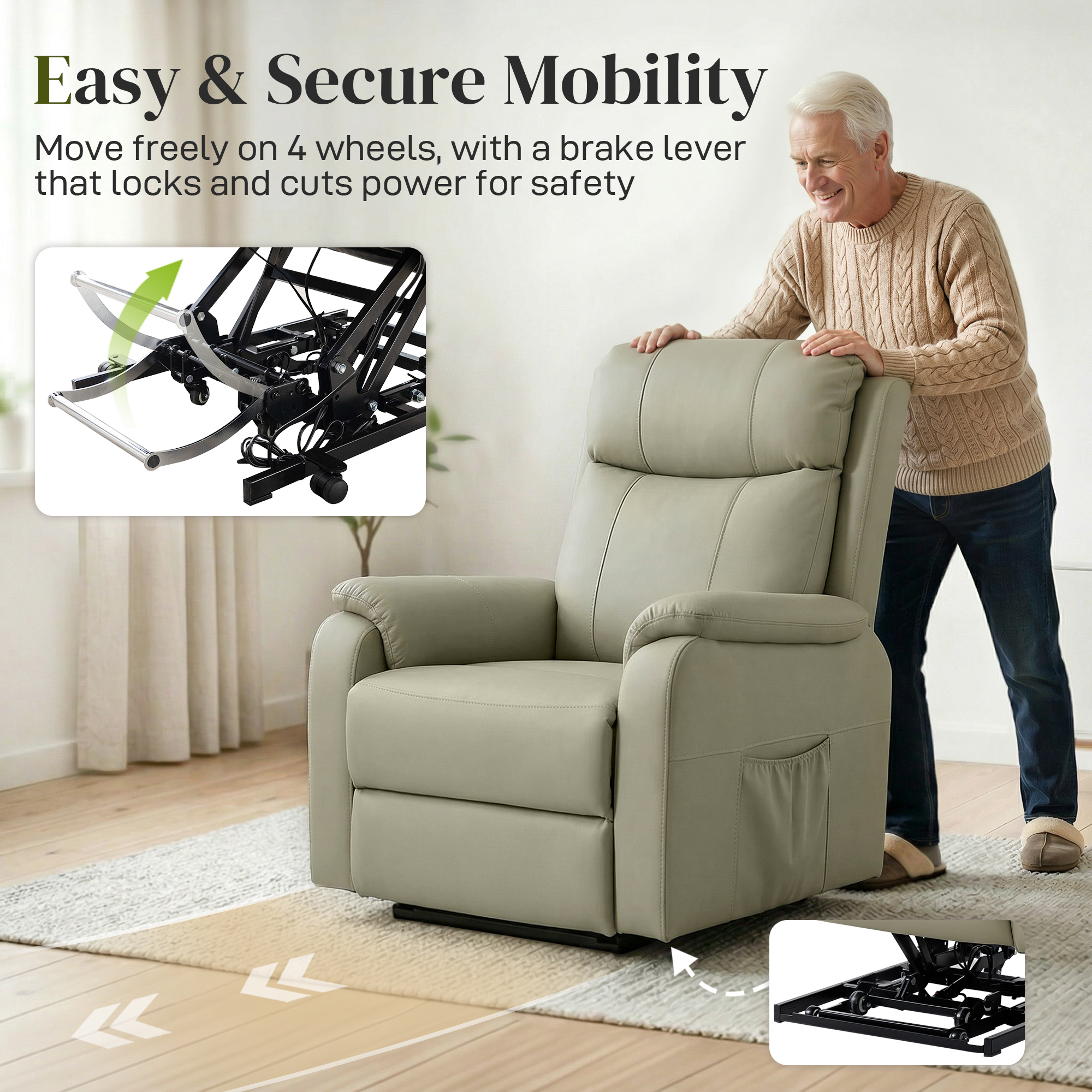  Fotoliu Electric cu Functie de Ridicare Rabatabil 170° din Piele Ecologica Respirabila cu 2 Motoare, Telecomanda, 4 Roti, Frana, Suport Picioare, Buzunare Laterale, Crem [7]