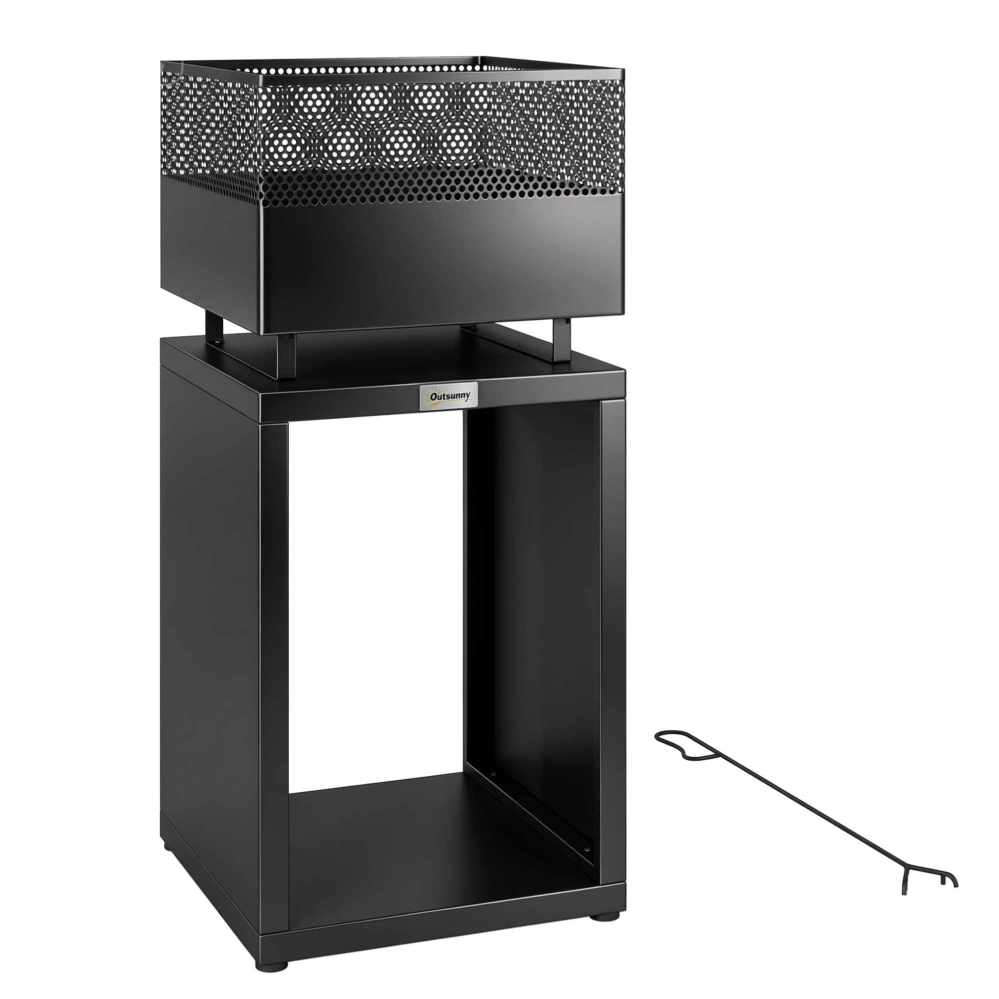 Outsunny Outdoor Fire Pit with Wood Storage Wood Burning Firepit with Mesh Sides 87 cm Black