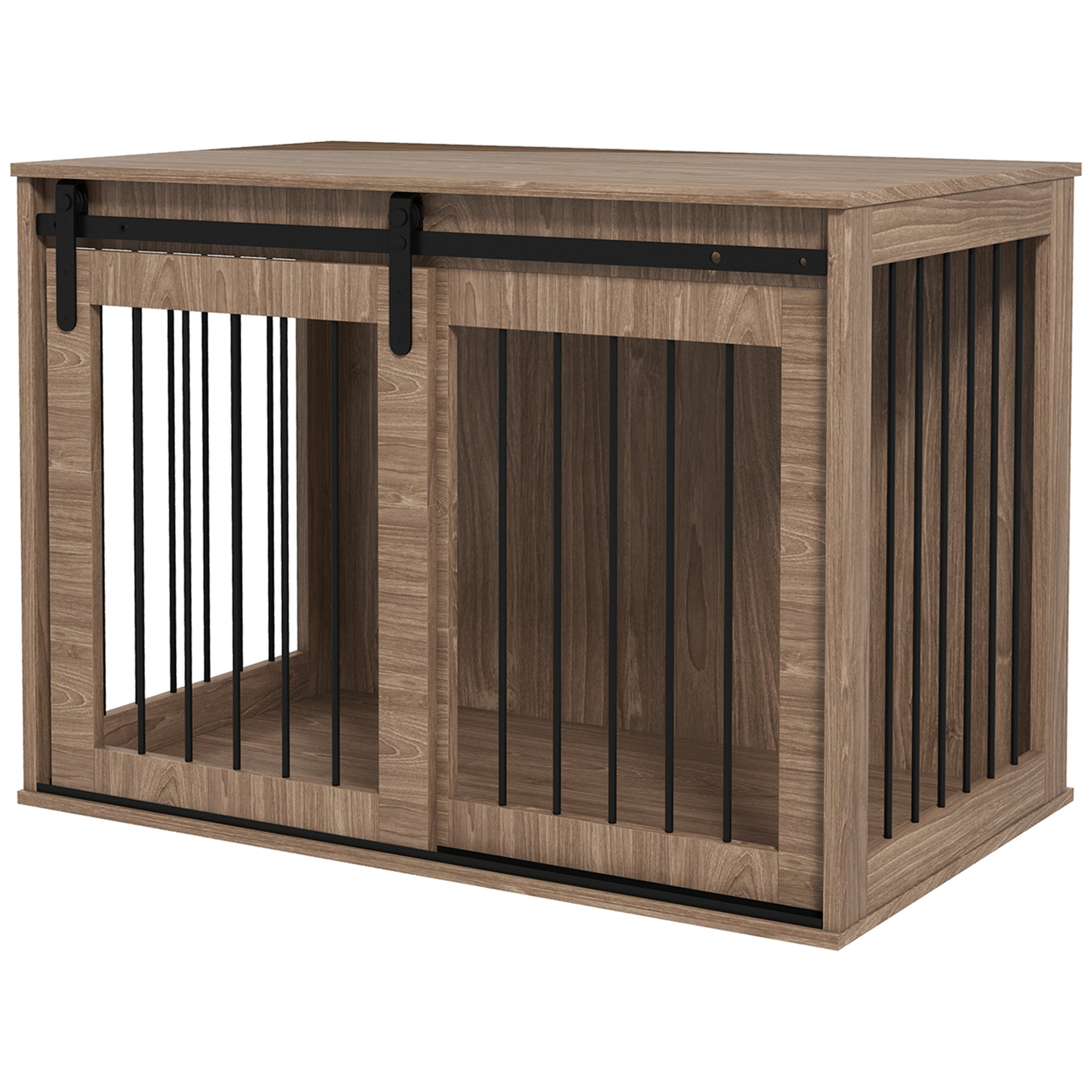 PawHut Hondenbench, 2 schuifdeuren, Ventilatie aan 3 zijden, kan gebruikt als bijzettafel, voor honden tot 30 kg 60 cm, 98x58x67cm, Walnoot | Aosom.nl