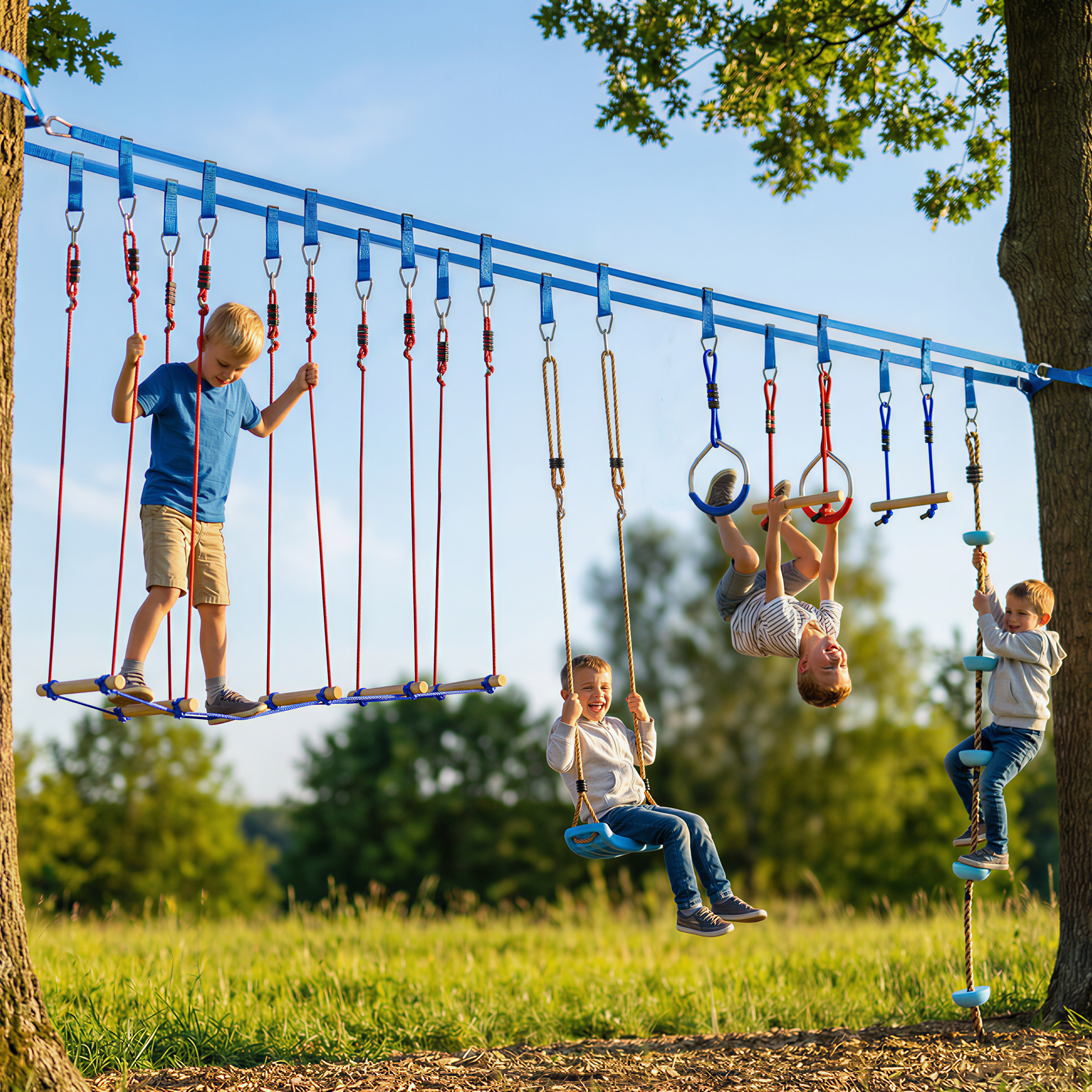AIYAPLAY Ninja Line Bambini 10m Set Slackline 9 pezzi con 2 anelli ginnici, altalena 3-in-1, 2 sbarre da arrampicata per 3-8 anni Multicolore | Italy