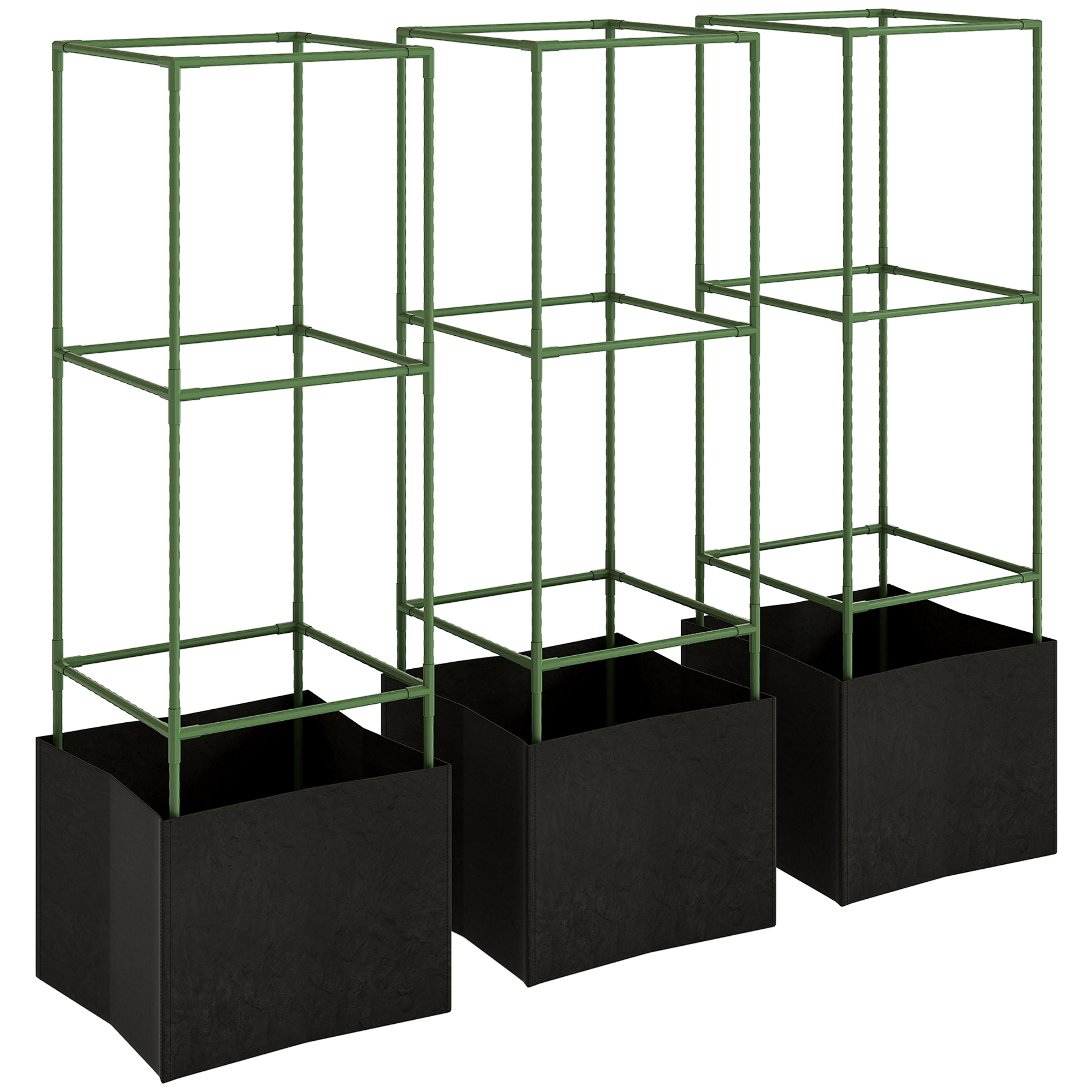 Outsunny Lote de 3 jaulas para tomates cuadradas con sacos de cultivo de 51,2 L, enrejado para flores, hortalizas, plantas trepadoras, verde
