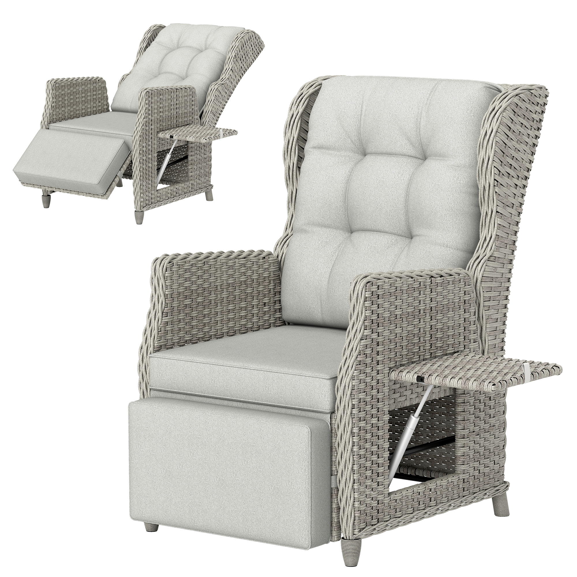 Outsunny Rattan Garden Recliner Chair, Reclining Garden Chair with Adjustable Back and Footrest, Flip Table, Cushion, Light Grey