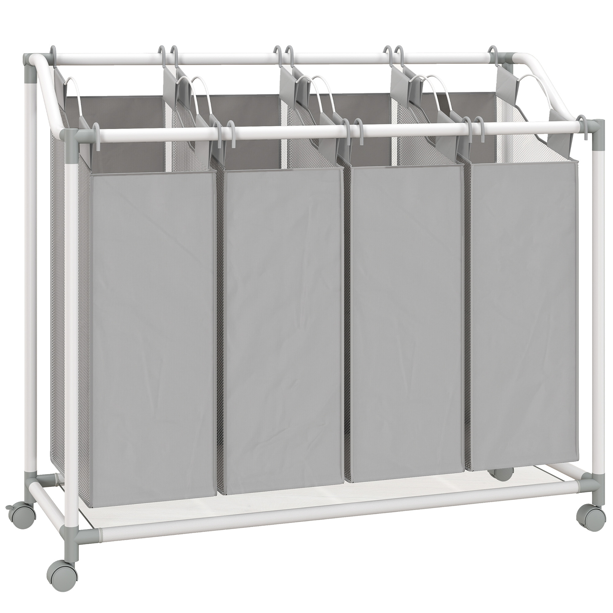 HOMCOM Cesta de ropa móvil, carrito para ropa sucia, cesta con ruedas con 4 sacos extraíbles, 4 x 40L, 97 x 38 x 81 cm, gris