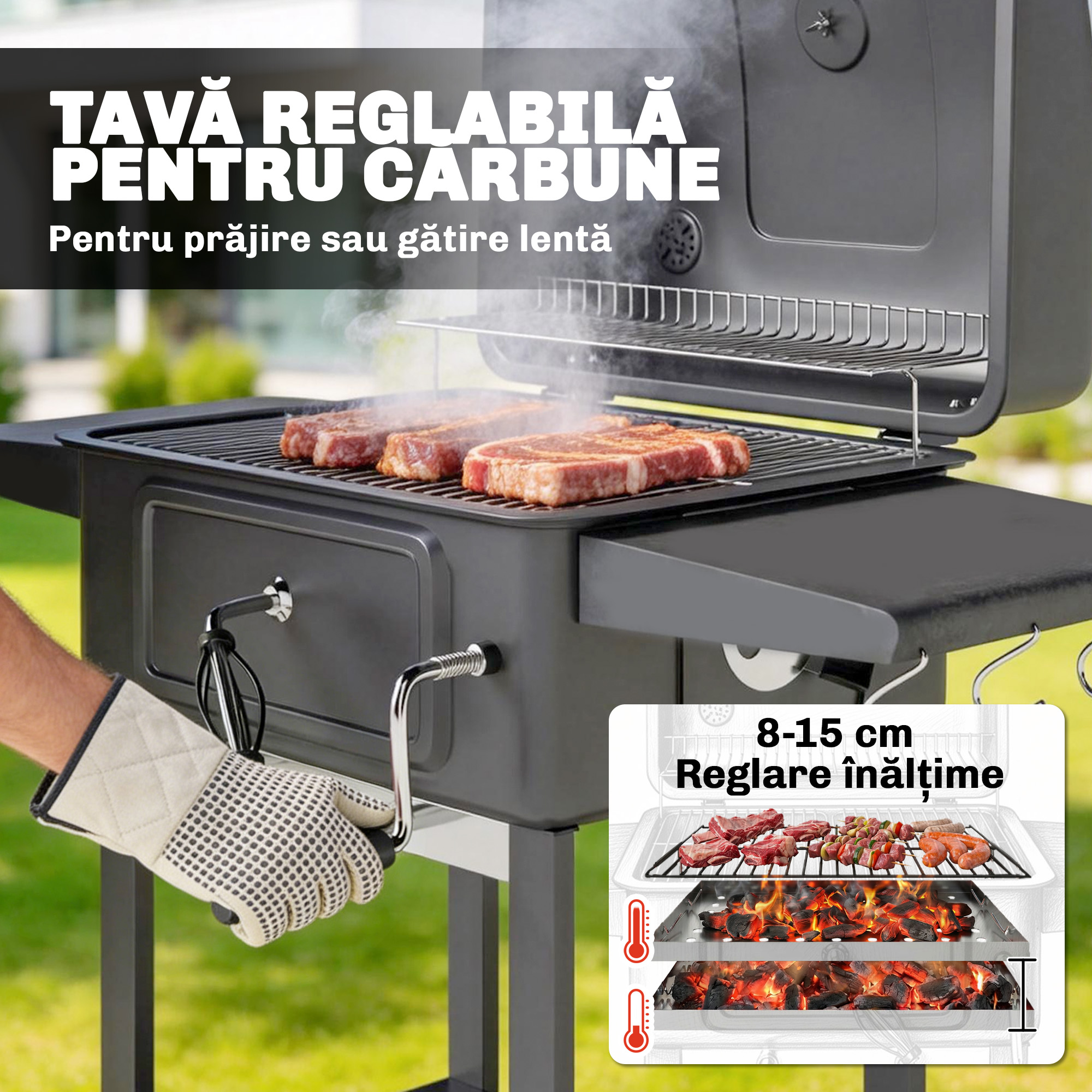  Gratar pe Carbune, Gratar Afumatoare cu Roti pentru Exterior, Negru [4]