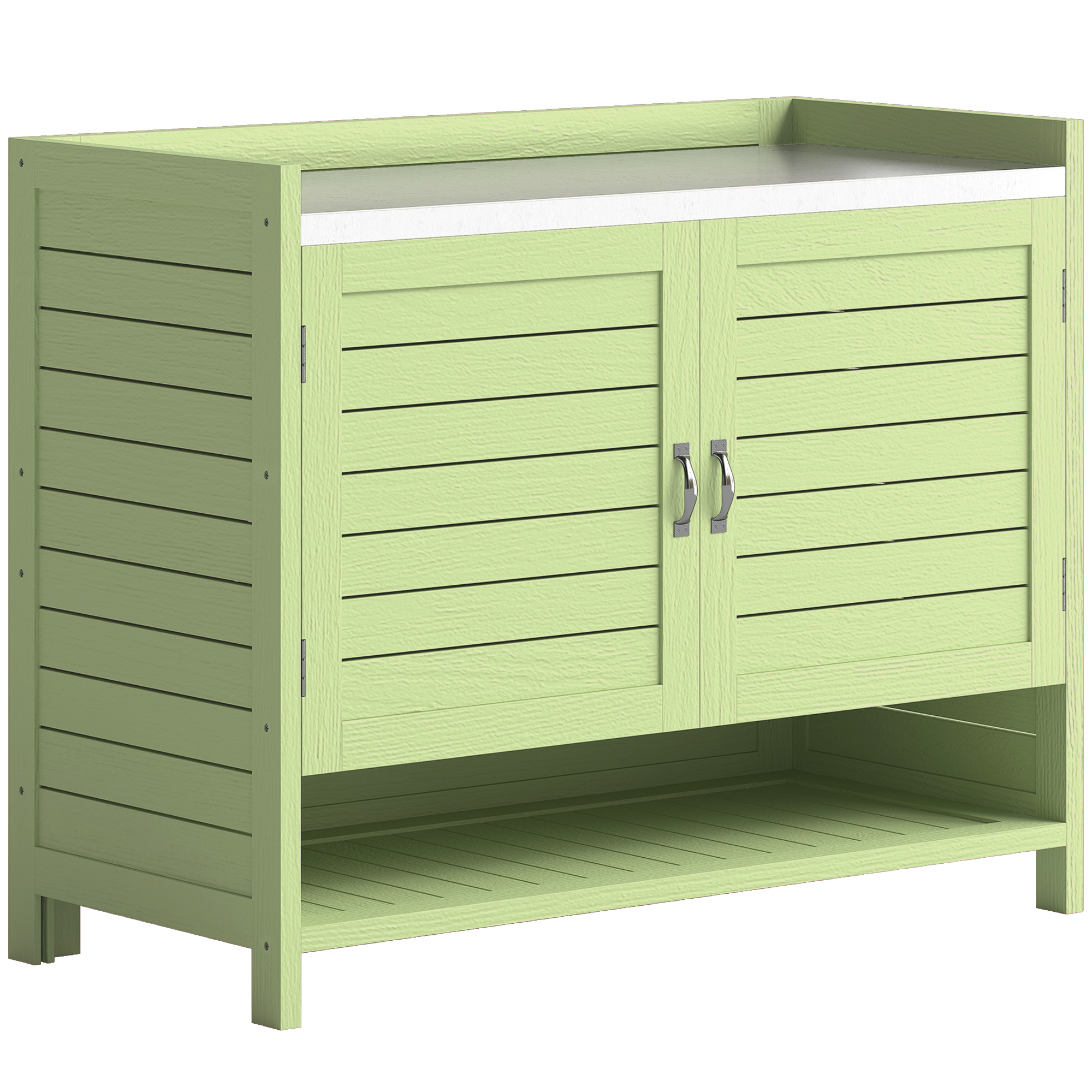 Outsunny Mesa de plantación con armario inferior de madera Armario de jardín con encimera galvanizada 3 estantes 88x40x70,5cm Verde