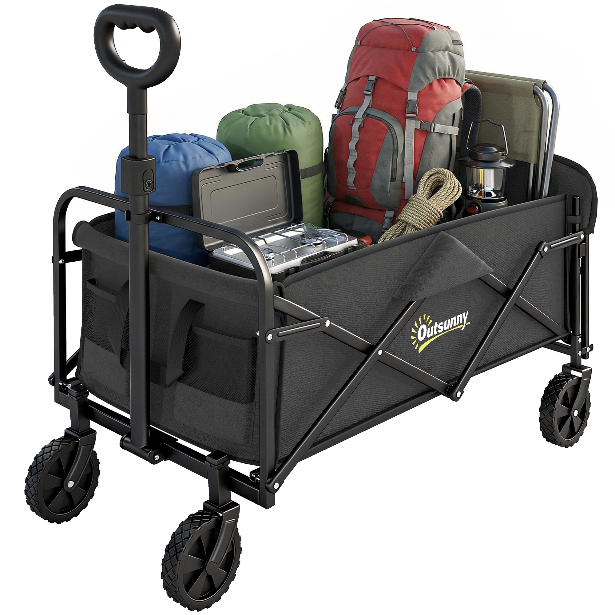 Outsunny Chariot de Jardin 72 L Pliable avec Poignée Réglable, en Acier et Tissu Oxford, 114x46x92 cm, Noir