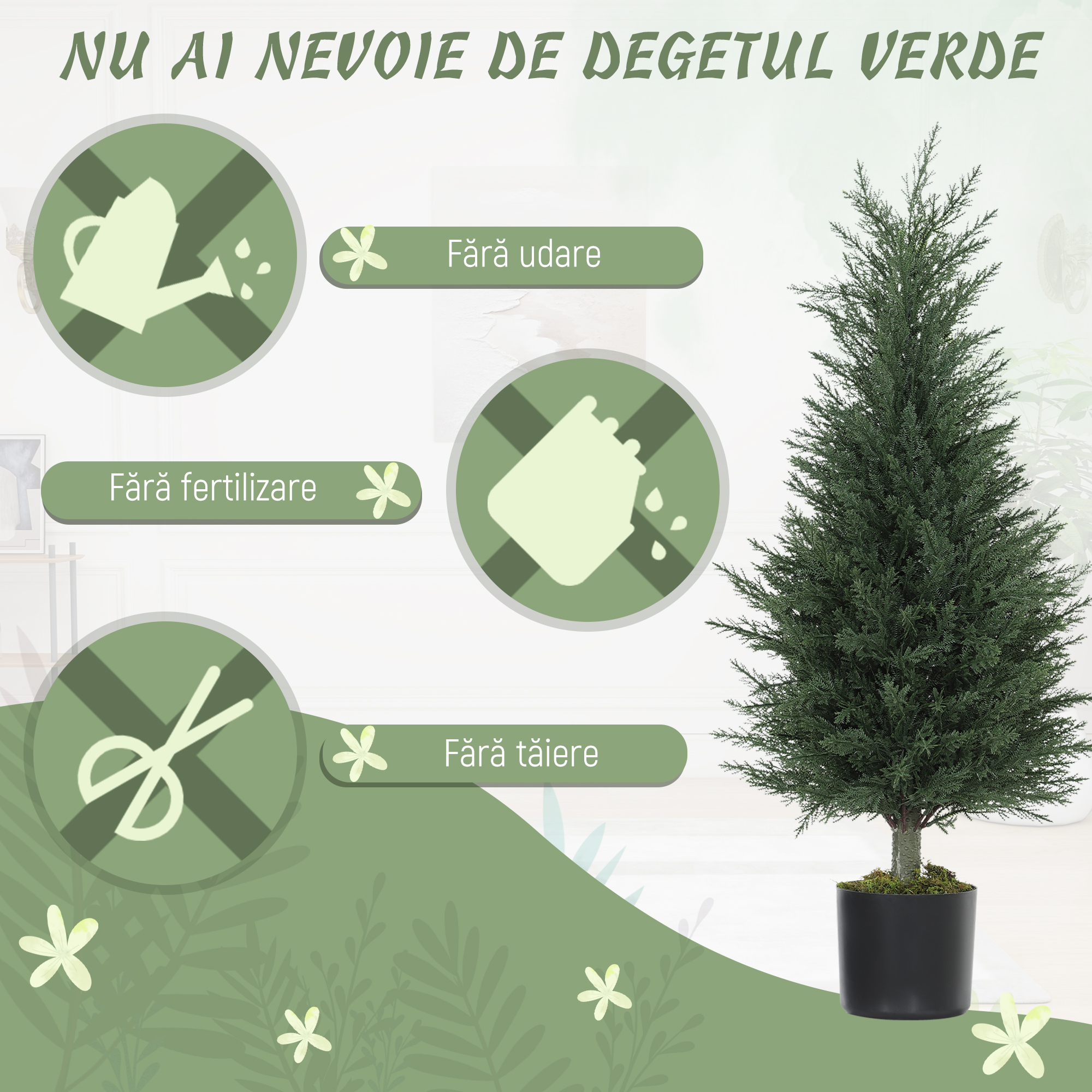  Set 2 Plante Artificiale de Chiparos cu 362 Frunze si Ghiveci cu Ciment si Muschi, Plante Rezistente la UV, Ø40x90 cm, Verde [4]